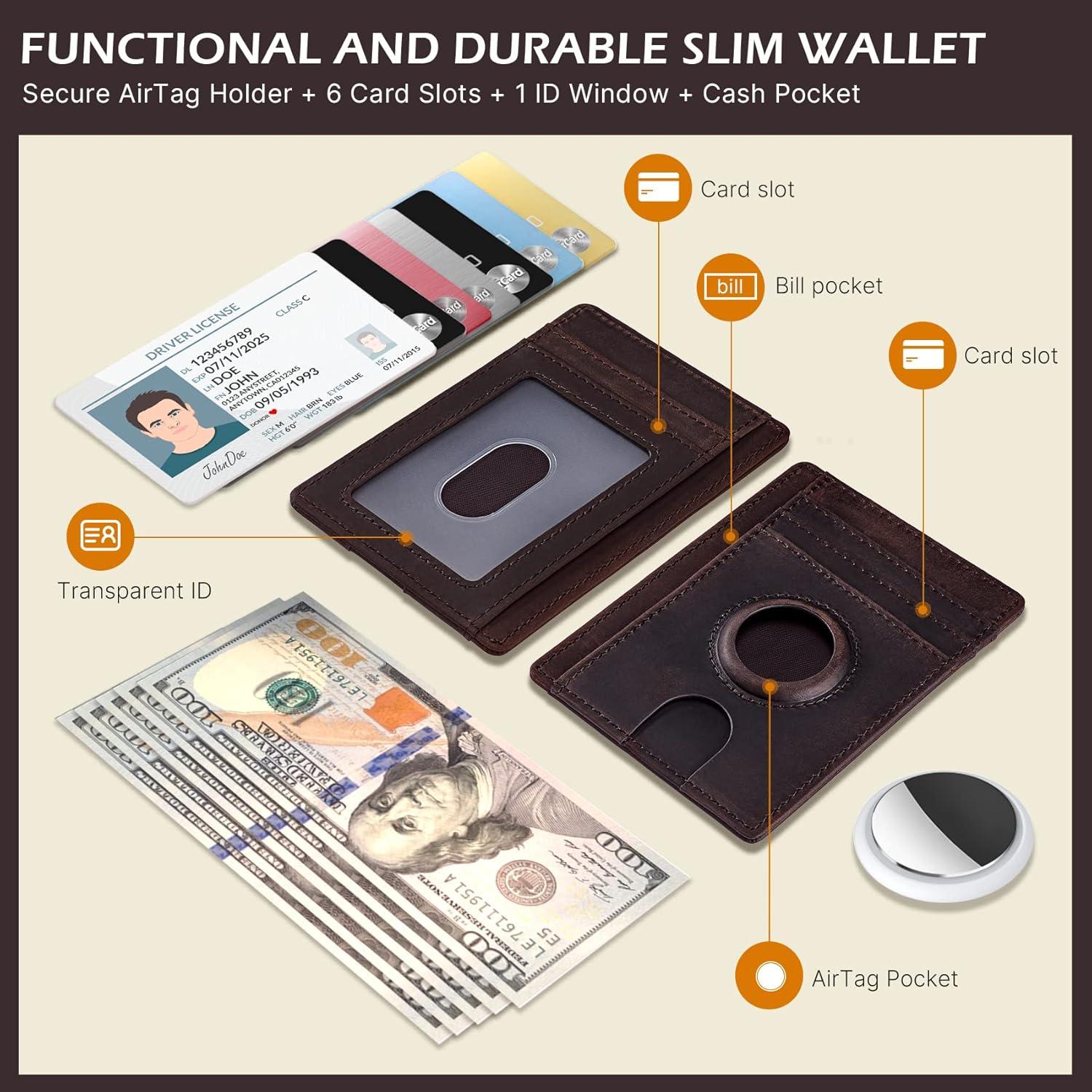 image:imagetypecase Slim Minimalist Airtag Card Wallet for Men Front Pocket Premium Crazy Horse Leather Wallet with Airtag Holder RFID Blocking Cash Credit Card Wallet Compatible with AirTag BlackDark Brown