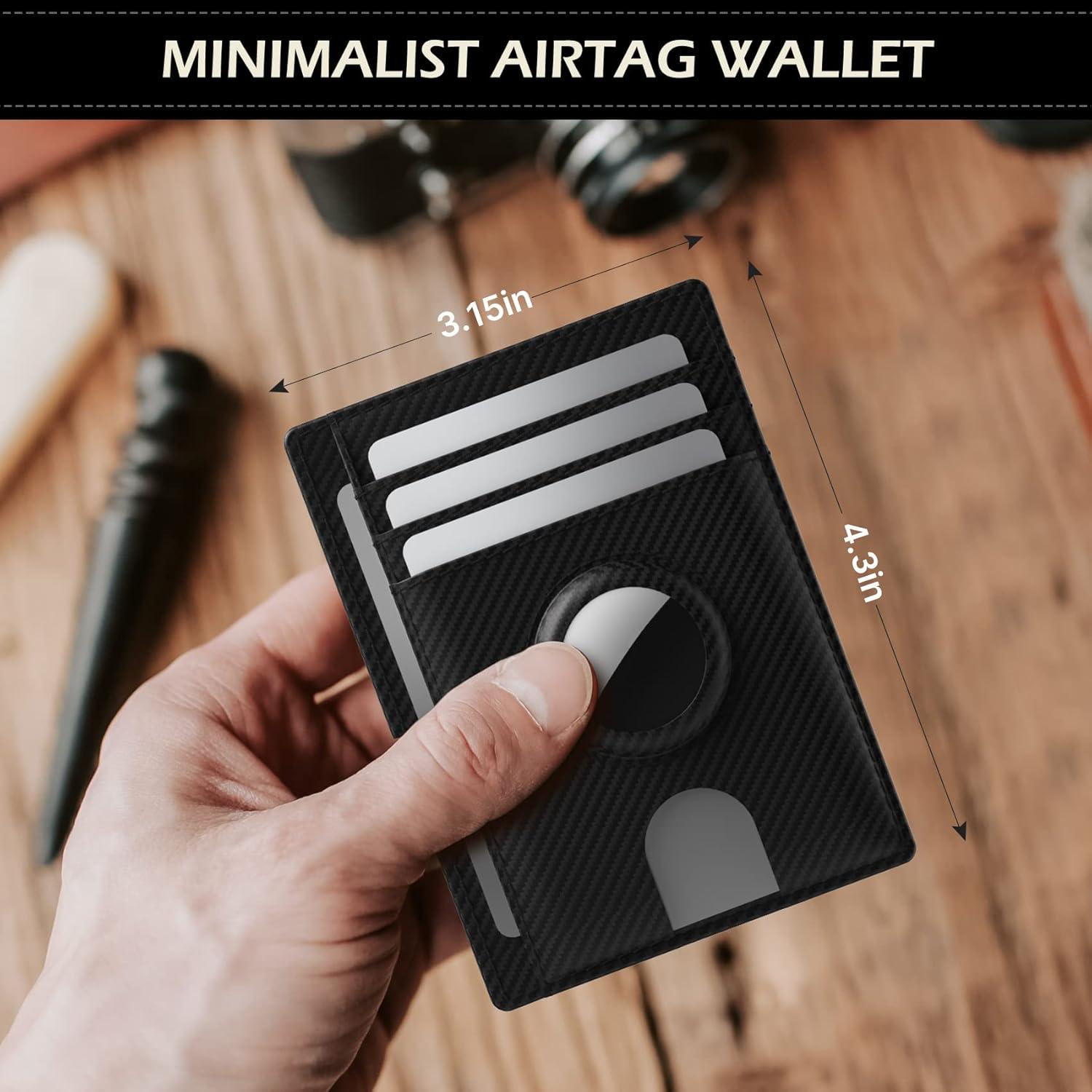 image:imagetypecase Slim Minimalist Airtag Card Wallet for Men Front Pocket Premium Crazy Horse Leather Wallet with Airtag Holder RFID Blocking Cash Credit Card Wallet Compatible with AirTag BlackCarbon Fiber Black