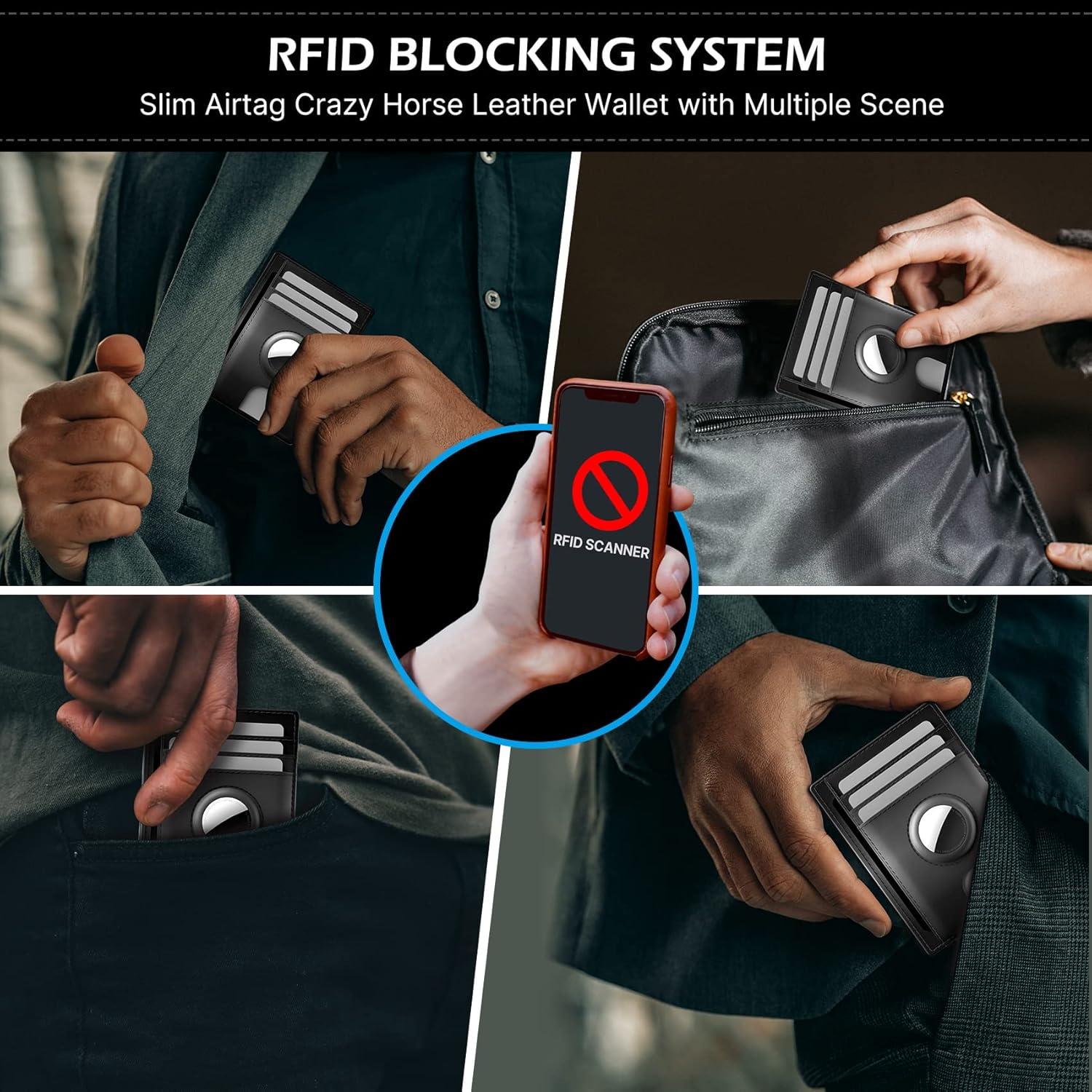 image:imagetypecase Slim Minimalist Airtag Card Wallet for Men Front Pocket Premium Crazy Horse Leather Wallet with Airtag Holder RFID Blocking Cash Credit Card Wallet Compatible with AirTag BlackBlack