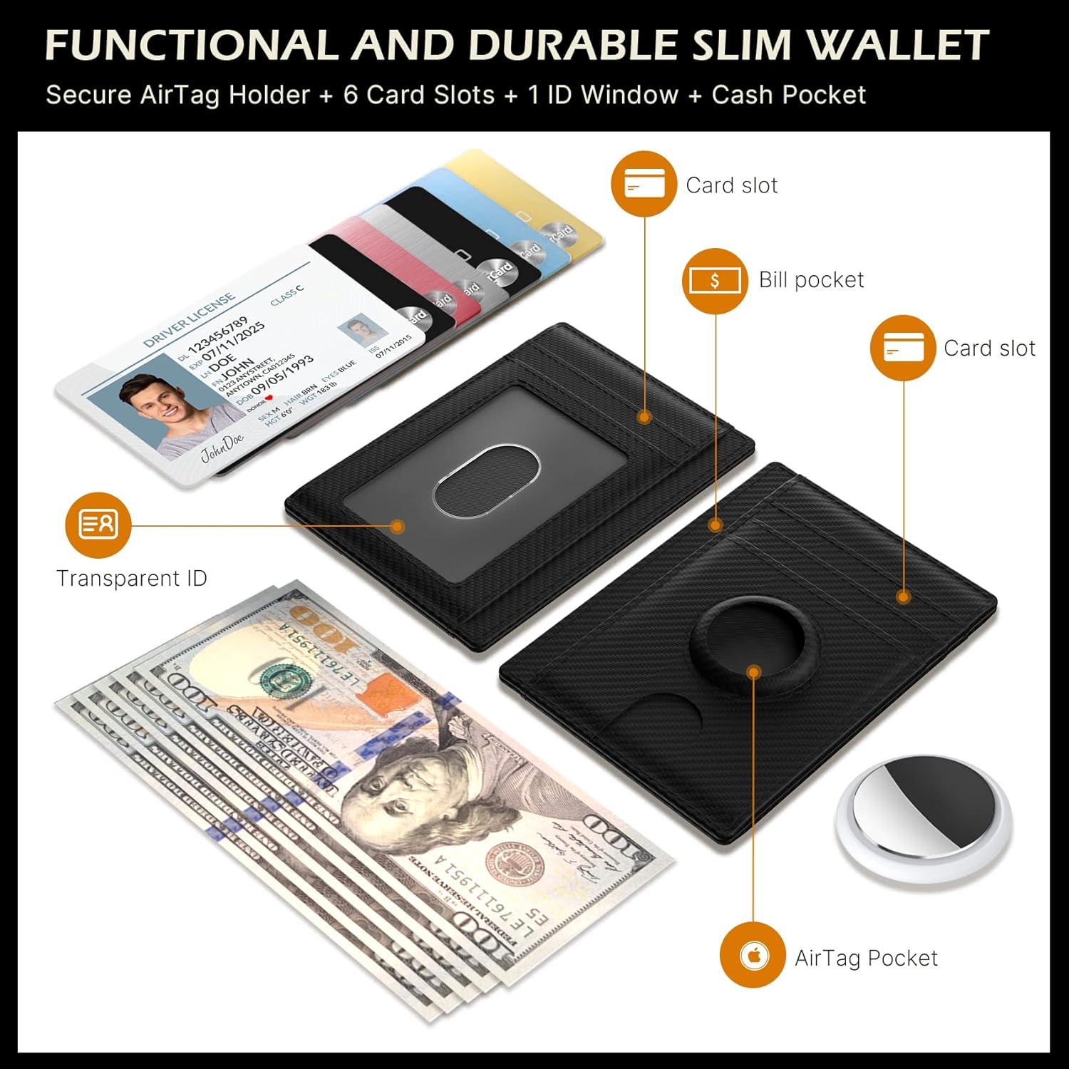 image:imagetypecase Slim Minimalist Airtag Card Wallet for Men Front Pocket Premium Crazy Horse Leather Wallet with Airtag Holder RFID Blocking Cash Credit Card Wallet Compatible with AirTag BlackCarbon Fiber Black