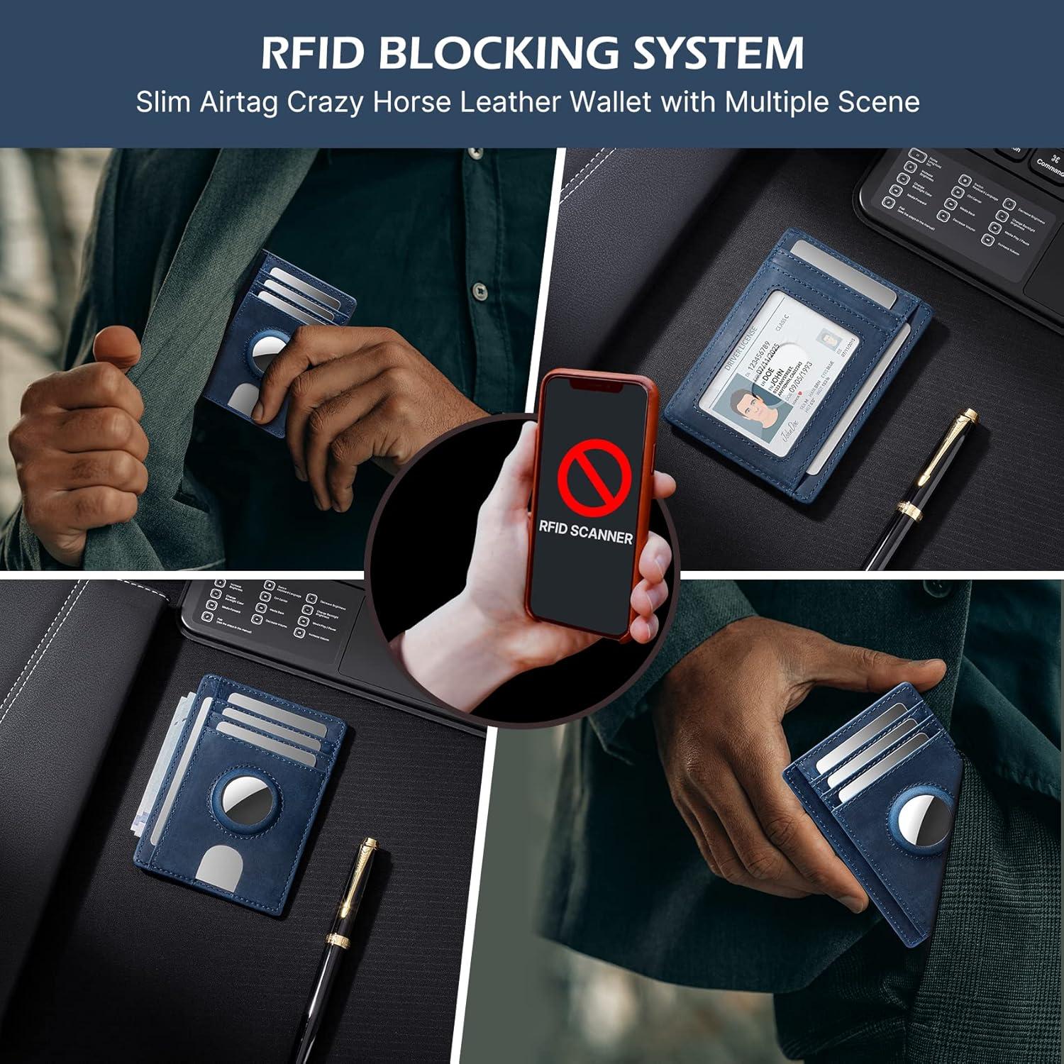 image:imagetypecase Slim Minimalist Airtag Card Wallet for Men Front Pocket Premium Crazy Horse Leather Wallet with Airtag Holder RFID Blocking Cash Credit Card Wallet Compatible with AirTag BlackBlue