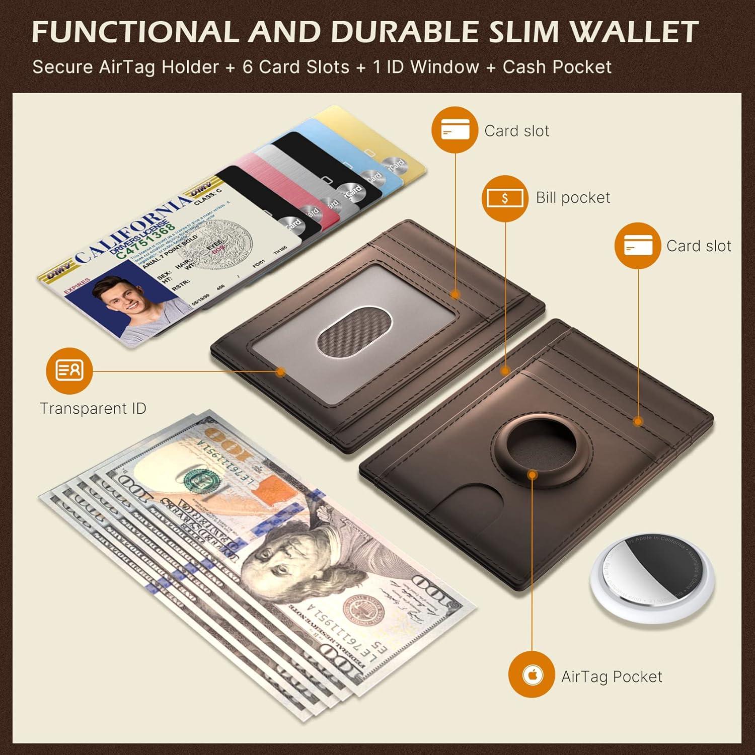 image:imagetypecase Slim Minimalist Airtag Card Wallet for Men Front Pocket Premium Crazy Horse Leather Wallet with Airtag Holder RFID Blocking Cash Credit Card Wallet Compatible with AirTag BlackBrown