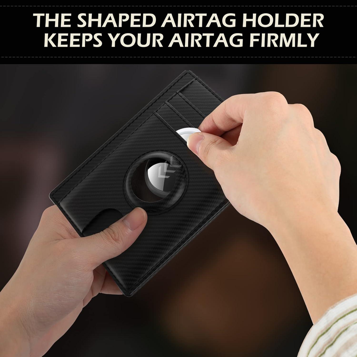 image:imagetypecase Slim Minimalist Airtag Card Wallet for Men Front Pocket Premium Crazy Horse Leather Wallet with Airtag Holder RFID Blocking Cash Credit Card Wallet Compatible with AirTag BlackCarbon Fiber Black