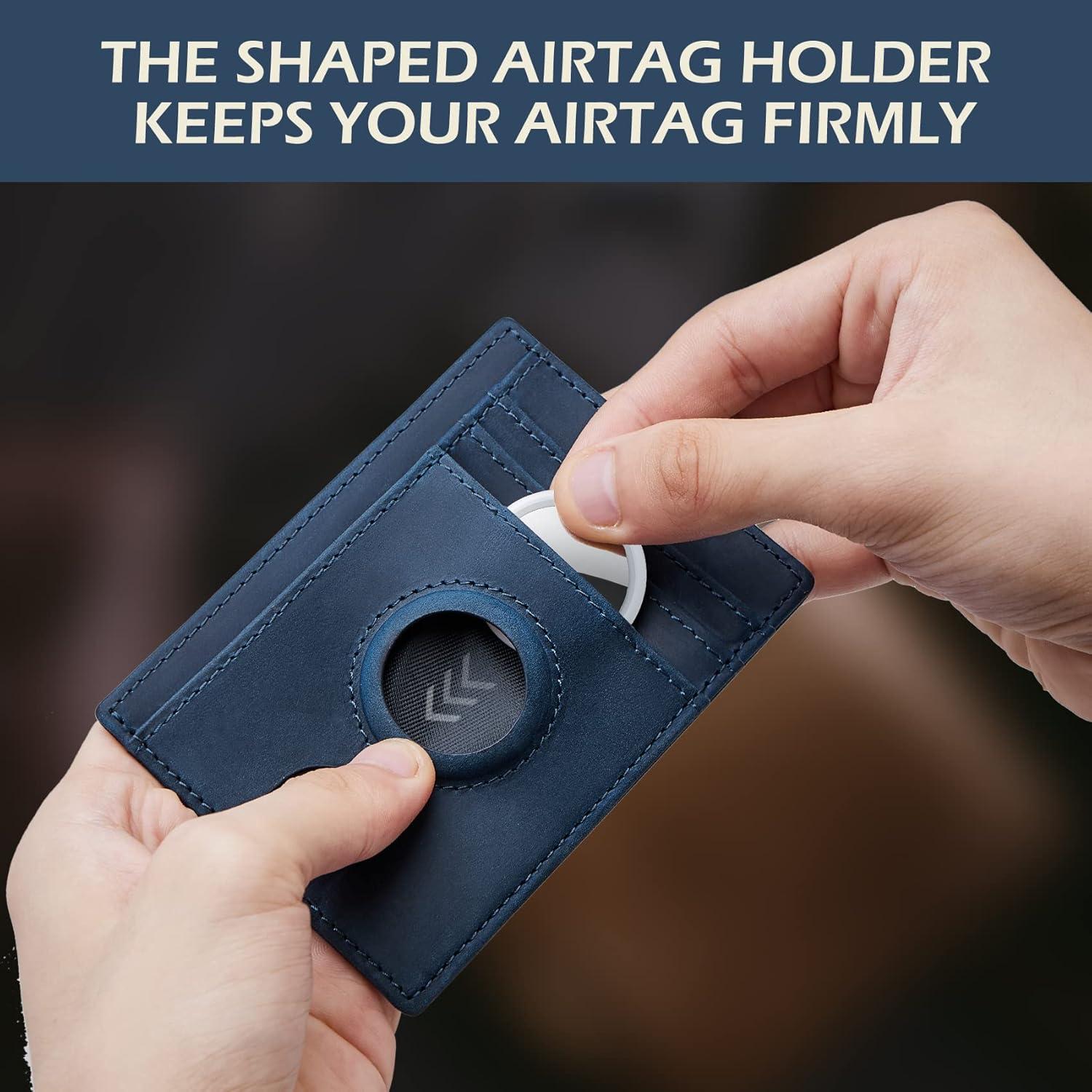image:imagetypecase Slim Minimalist Airtag Card Wallet for Men Front Pocket Premium Crazy Horse Leather Wallet with Airtag Holder RFID Blocking Cash Credit Card Wallet Compatible with AirTag BlackBlue