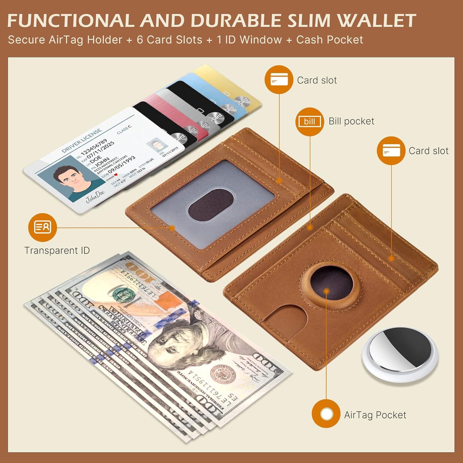 image:imagetypecase Slim Minimalist Airtag Card Wallet for Men Front Pocket Premium Crazy Horse Leather Wallet with Airtag Holder RFID Blocking Cash Credit Card Wallet Compatible with AirTag BlackYellow