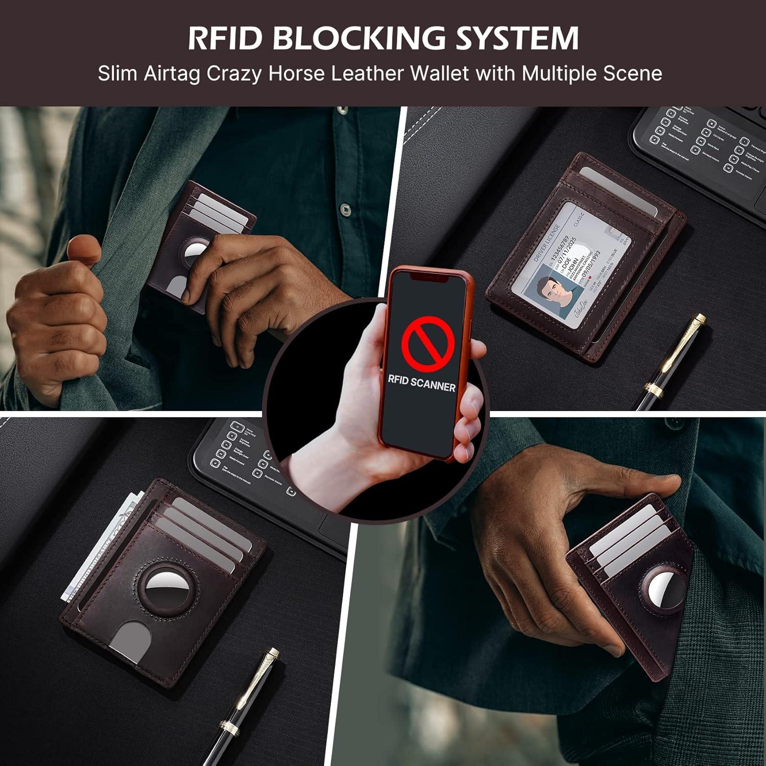 image:imagetypecase Slim Minimalist Airtag Card Wallet for Men Front Pocket Premium Crazy Horse Leather Wallet with Airtag Holder RFID Blocking Cash Credit Card Wallet Compatible with AirTag BlackDark Brown