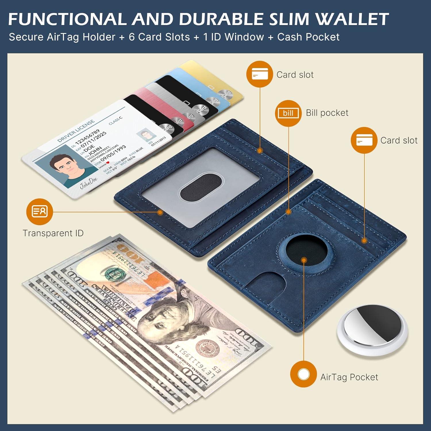 image:imagetypecase Slim Minimalist Airtag Card Wallet for Men Front Pocket Premium Crazy Horse Leather Wallet with Airtag Holder RFID Blocking Cash Credit Card Wallet Compatible with AirTag BlackBlue