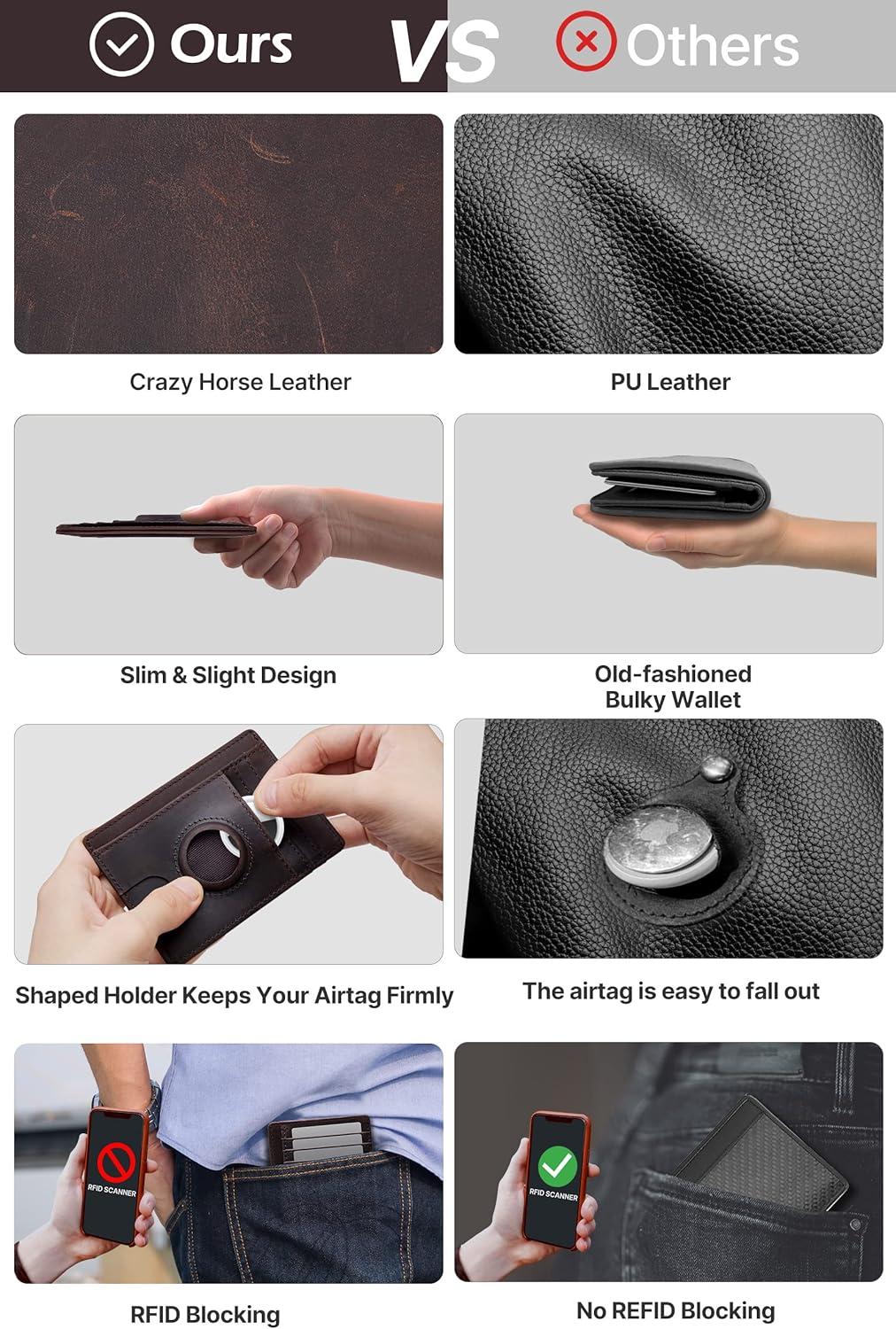 image:imagetypecase Slim Minimalist Airtag Card Wallet for Men Front Pocket Premium Crazy Horse Leather Wallet with Airtag Holder RFID Blocking Cash Credit Card Wallet Compatible with AirTag BlackDark Brown