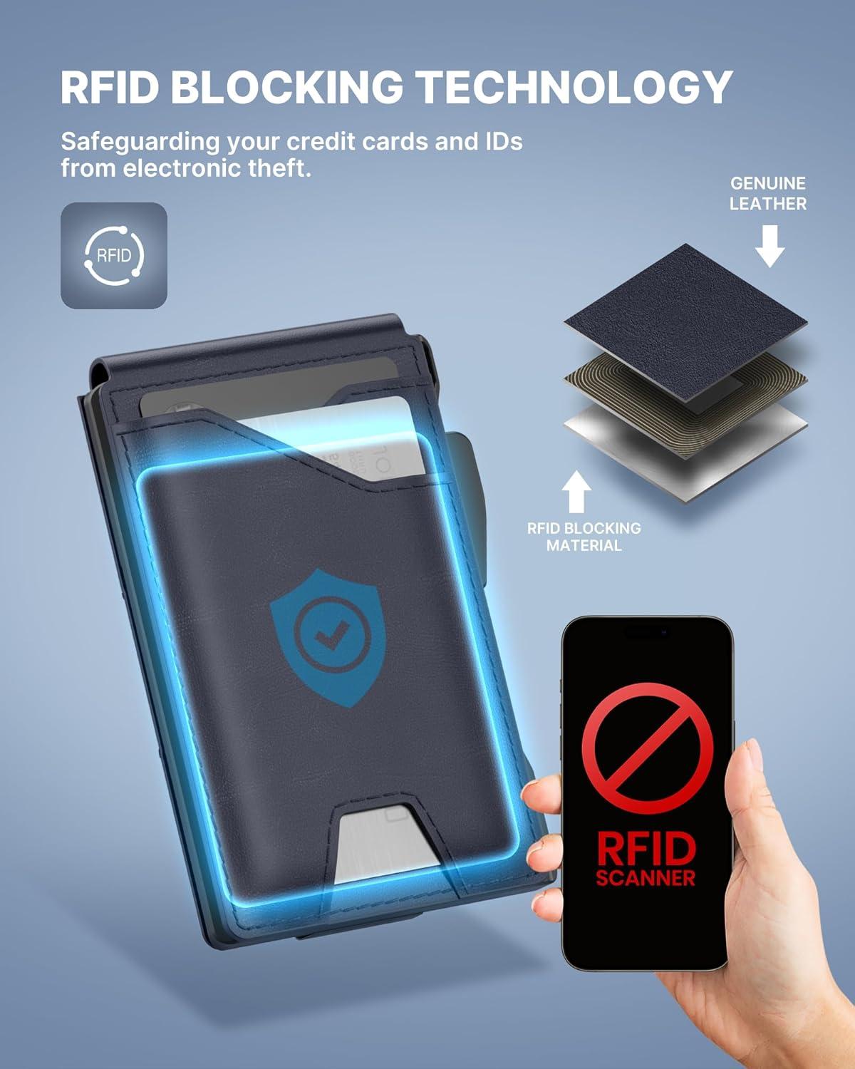 image:imagetypecase Tactical Wallet for Men Card Holder Pop Up Card Case Genuine Leather Smart RFID Blocking Slim Minimalist Thin Front Pocket  913 Card Capacitiy ID Window Money Clip BrownNavy