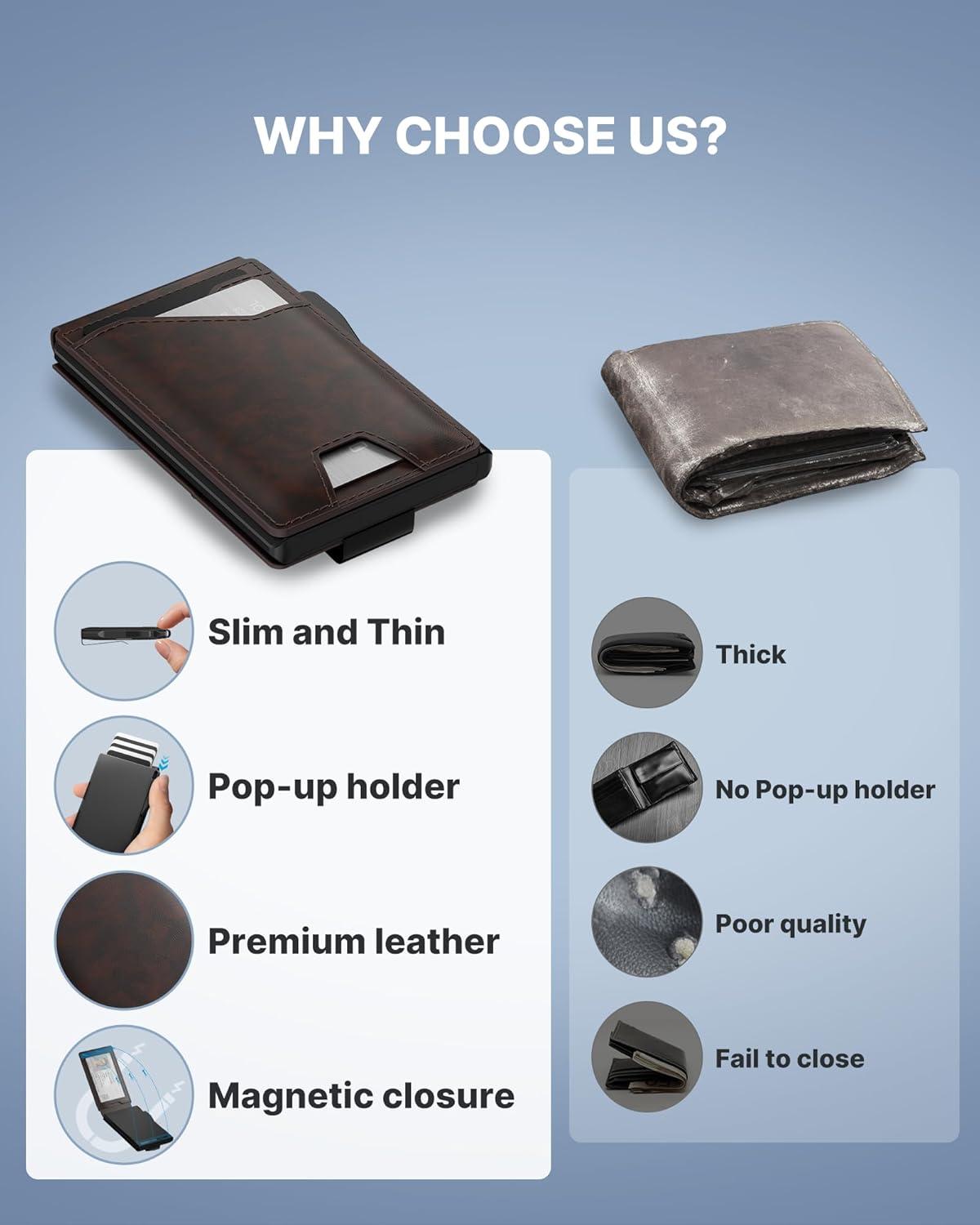 image:imagetypecase Tactical Wallet for Men Card Holder Pop Up Card Case Genuine Leather Smart RFID Blocking Slim Minimalist Thin Front Pocket  913 Card Capacitiy ID Window Money Clip BrownDeep Brown