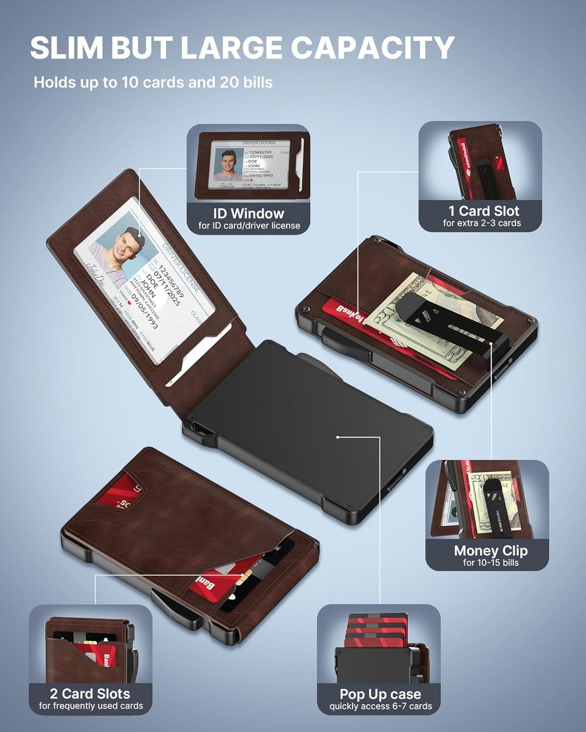 image:imagetypecase Tactical Wallet for Men Card Holder Pop Up Card Case Genuine Leather Smart RFID Blocking Slim Minimalist Thin Front Pocket  913 Card Capacitiy ID Window Money Clip BrownBrown