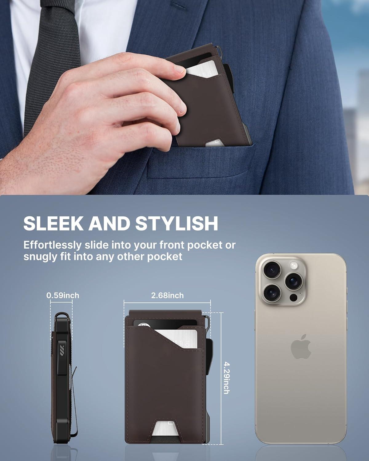 image:imagetypecase Tactical Wallet for Men Card Holder Pop Up Card Case Genuine Leather Smart RFID Blocking Slim Minimalist Thin Front Pocket  913 Card Capacitiy ID Window Money Clip BrownDark Brown