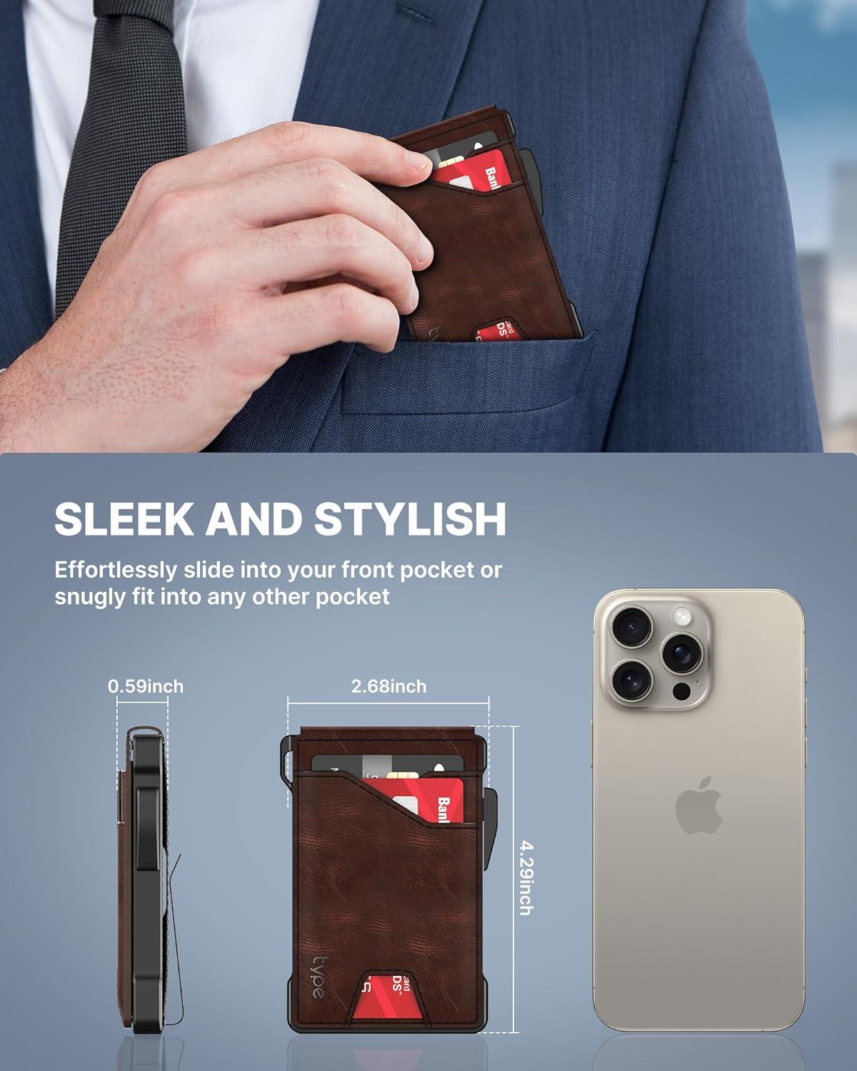 image:imagetypecase Tactical Wallet for Men Card Holder Pop Up Card Case Genuine Leather Smart RFID Blocking Slim Minimalist Thin Front Pocket  913 Card Capacitiy ID Window Money Clip BrownBrown