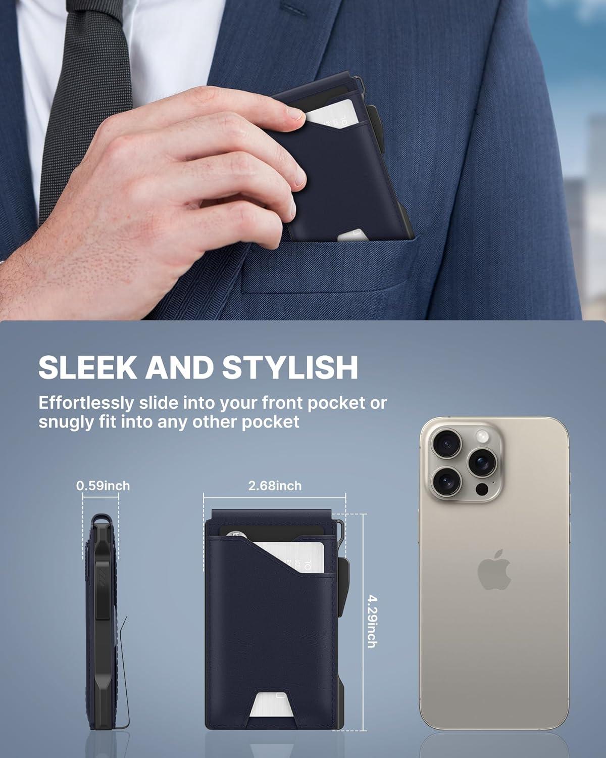 image:imagetypecase Tactical Wallet for Men Card Holder Pop Up Card Case Genuine Leather Smart RFID Blocking Slim Minimalist Thin Front Pocket  913 Card Capacitiy ID Window Money Clip BrownNavy