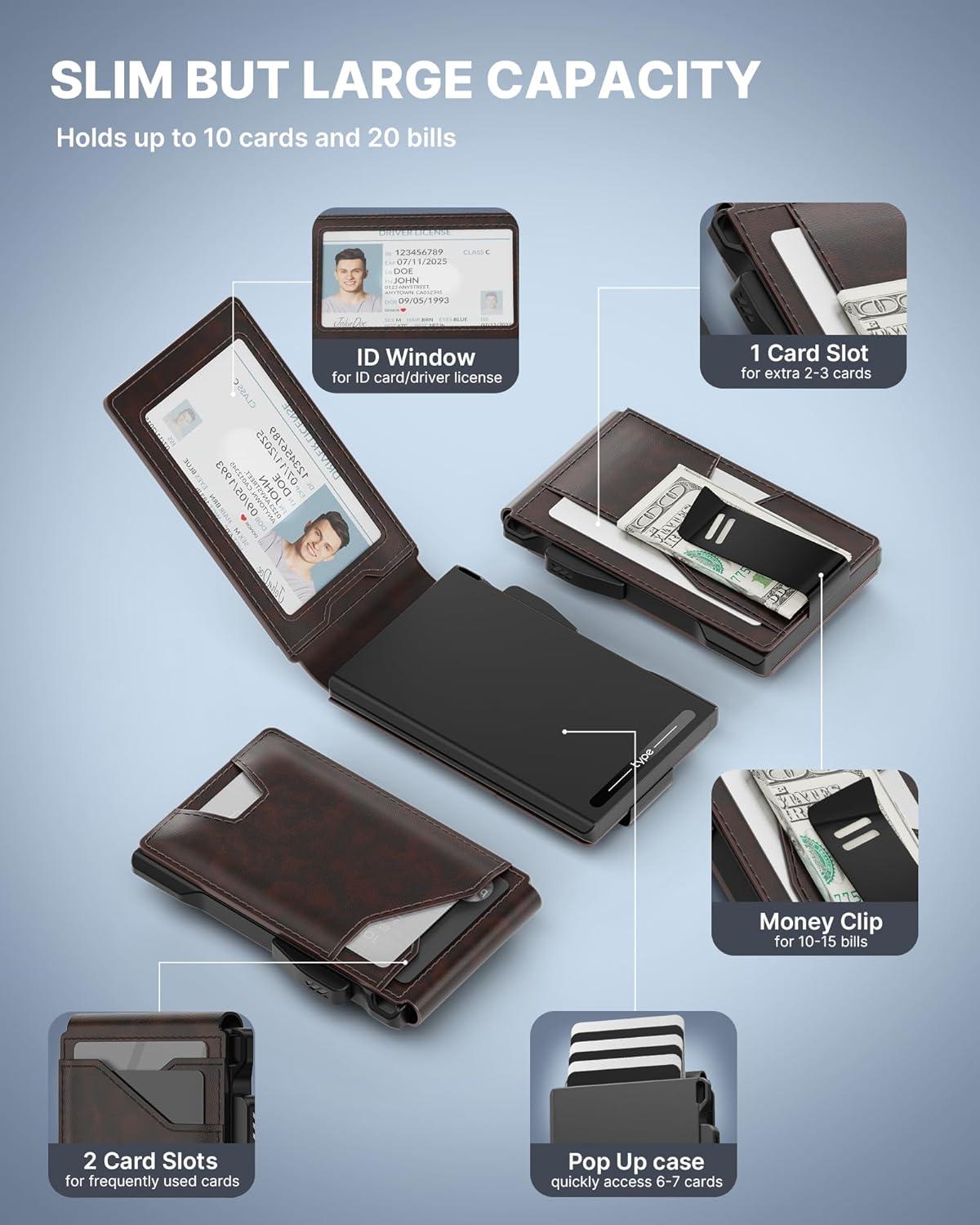 image:imagetypecase Tactical Wallet for Men Card Holder Pop Up Card Case Genuine Leather Smart RFID Blocking Slim Minimalist Thin Front Pocket  913 Card Capacitiy ID Window Money Clip BrownDeep Brown