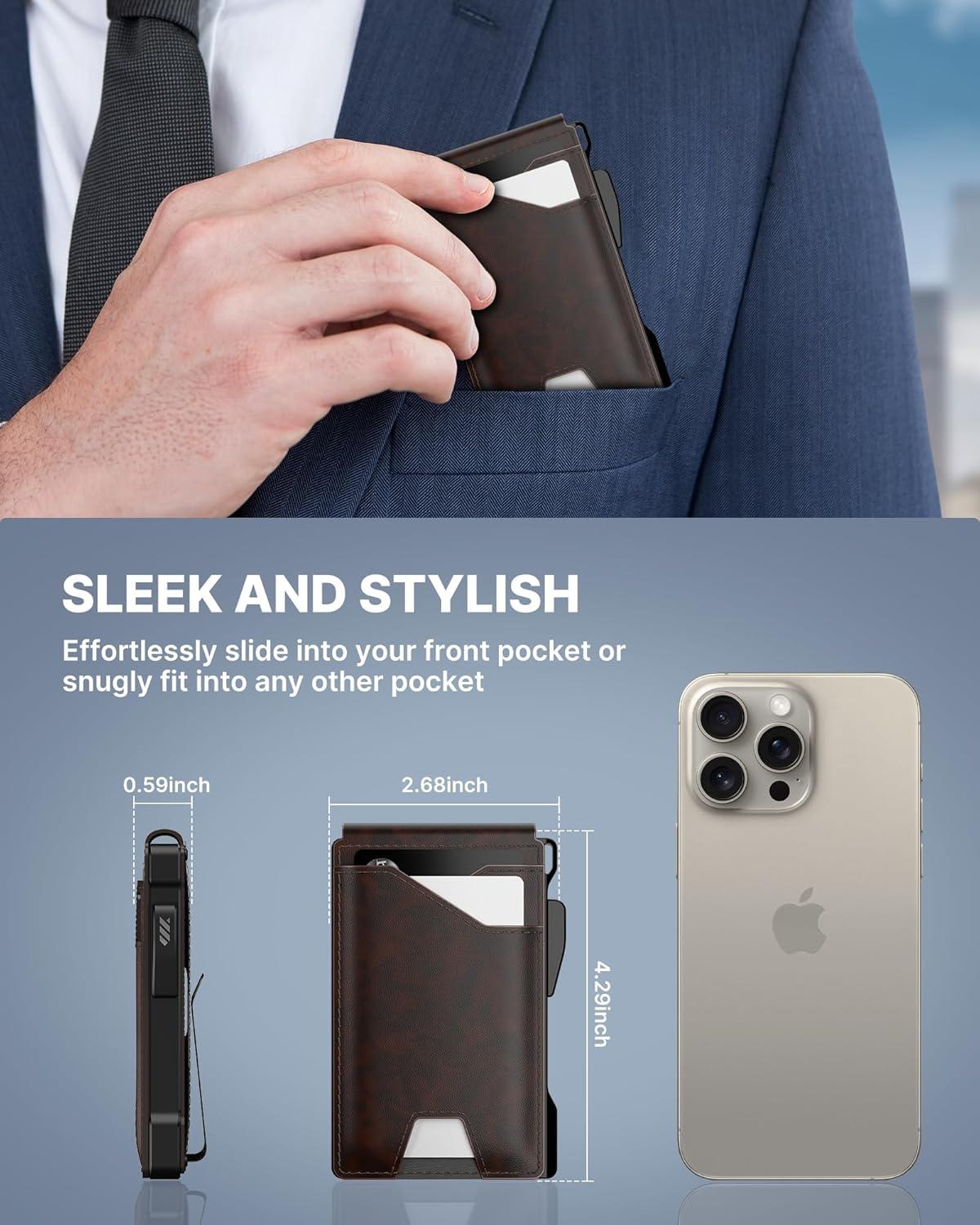image:imagetypecase Tactical Wallet for Men Card Holder Pop Up Card Case Genuine Leather Smart RFID Blocking Slim Minimalist Thin Front Pocket  913 Card Capacitiy ID Window Money Clip BrownDeep Brown