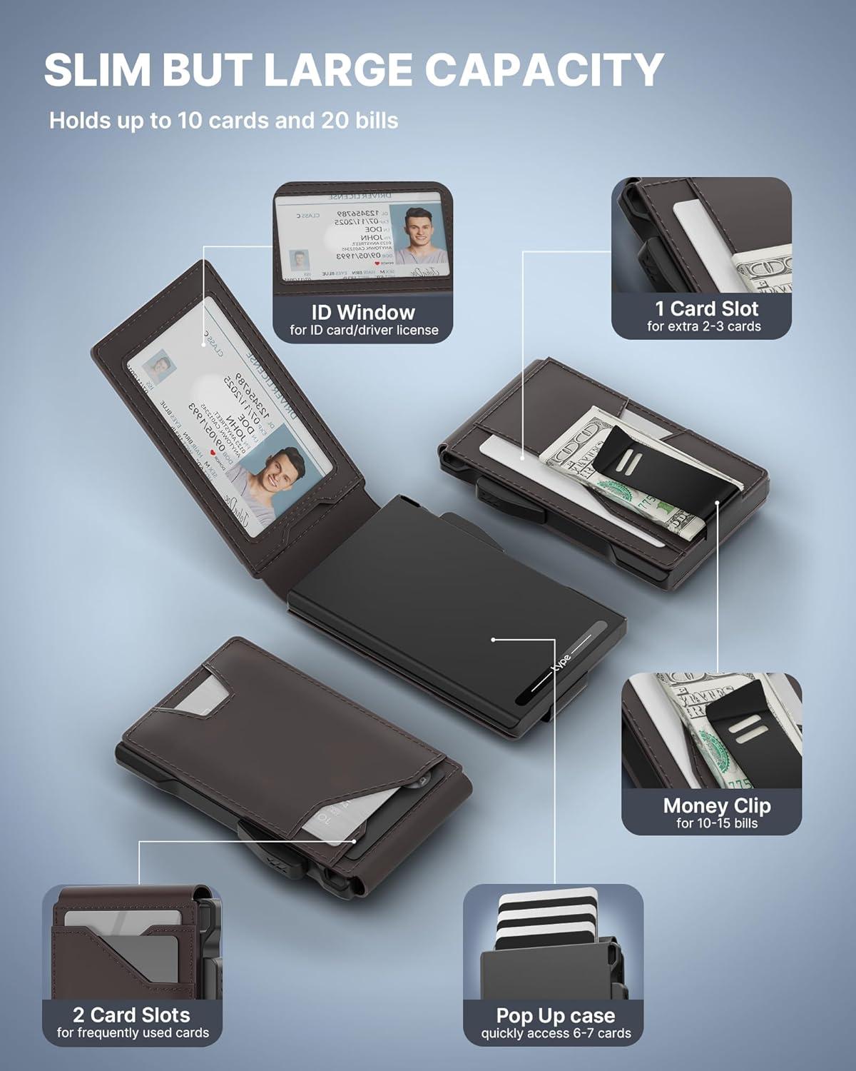 image:imagetypecase Tactical Wallet for Men Card Holder Pop Up Card Case Genuine Leather Smart RFID Blocking Slim Minimalist Thin Front Pocket  913 Card Capacitiy ID Window Money Clip BrownDark Brown