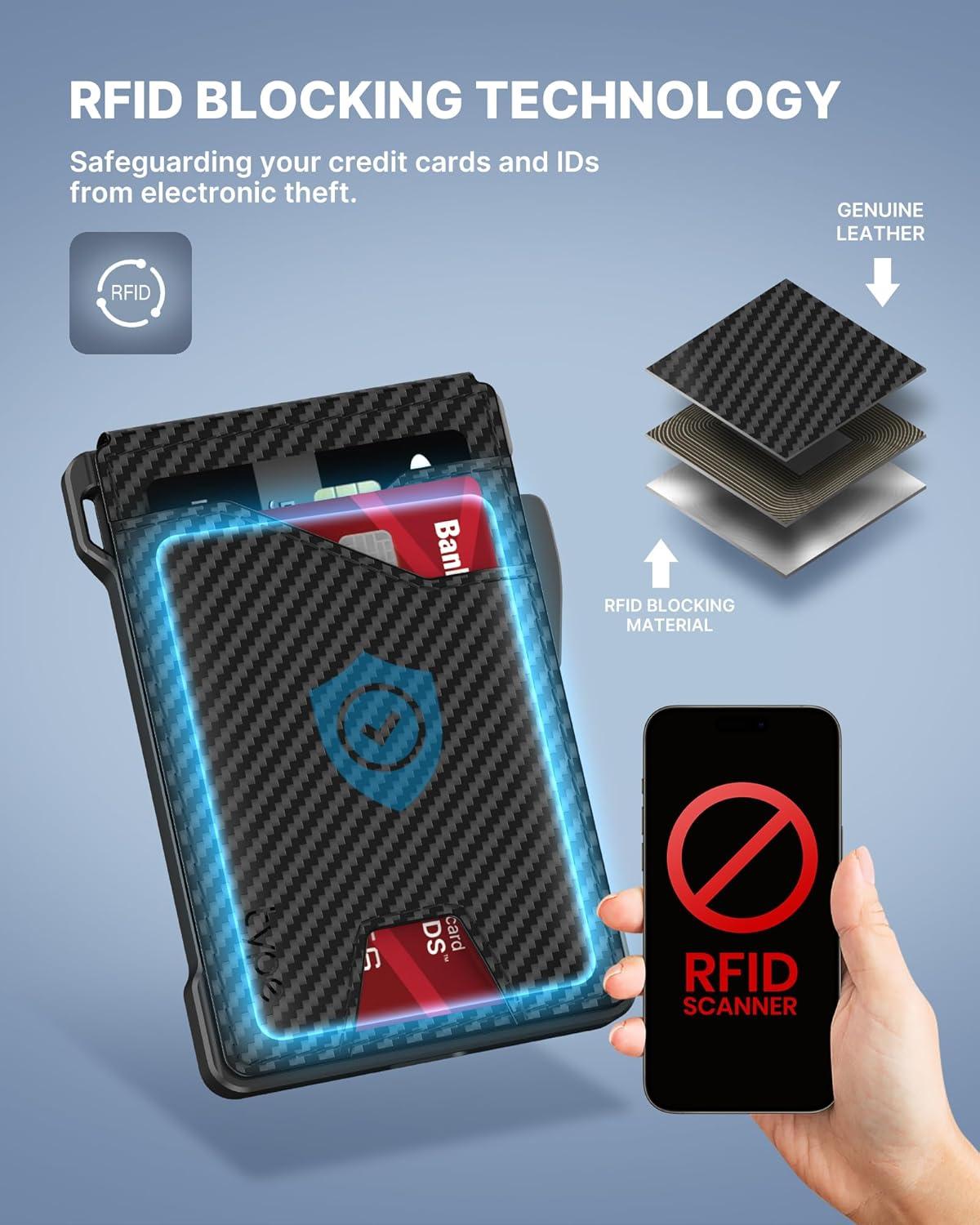 image:imagetypecase Tactical Wallet for Men Card Holder Pop Up Card Case Genuine Leather Smart RFID Blocking Slim Minimalist Thin Front Pocket  913 Card Capacitiy ID Window Money Clip BrownCarbon Fiber