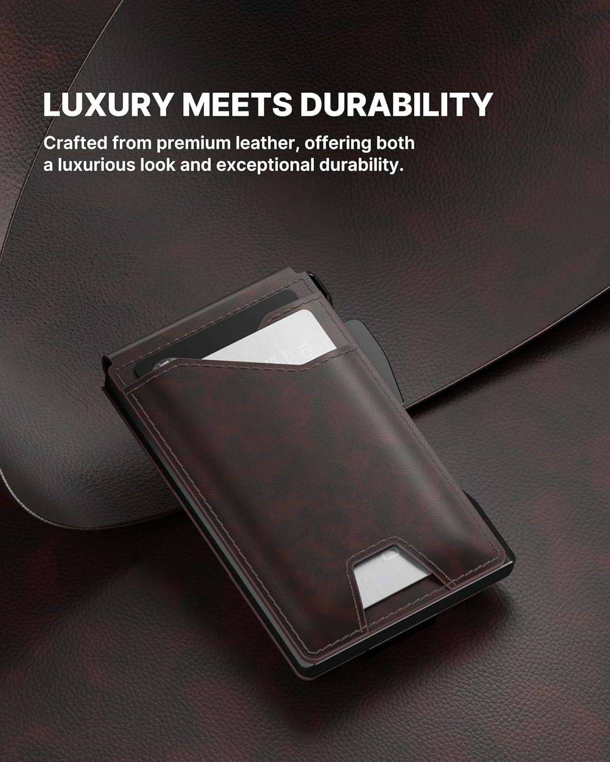image:imagetypecase Tactical Wallet for Men Card Holder Pop Up Card Case Genuine Leather Smart RFID Blocking Slim Minimalist Thin Front Pocket  913 Card Capacitiy ID Window Money Clip BrownDeep Brown