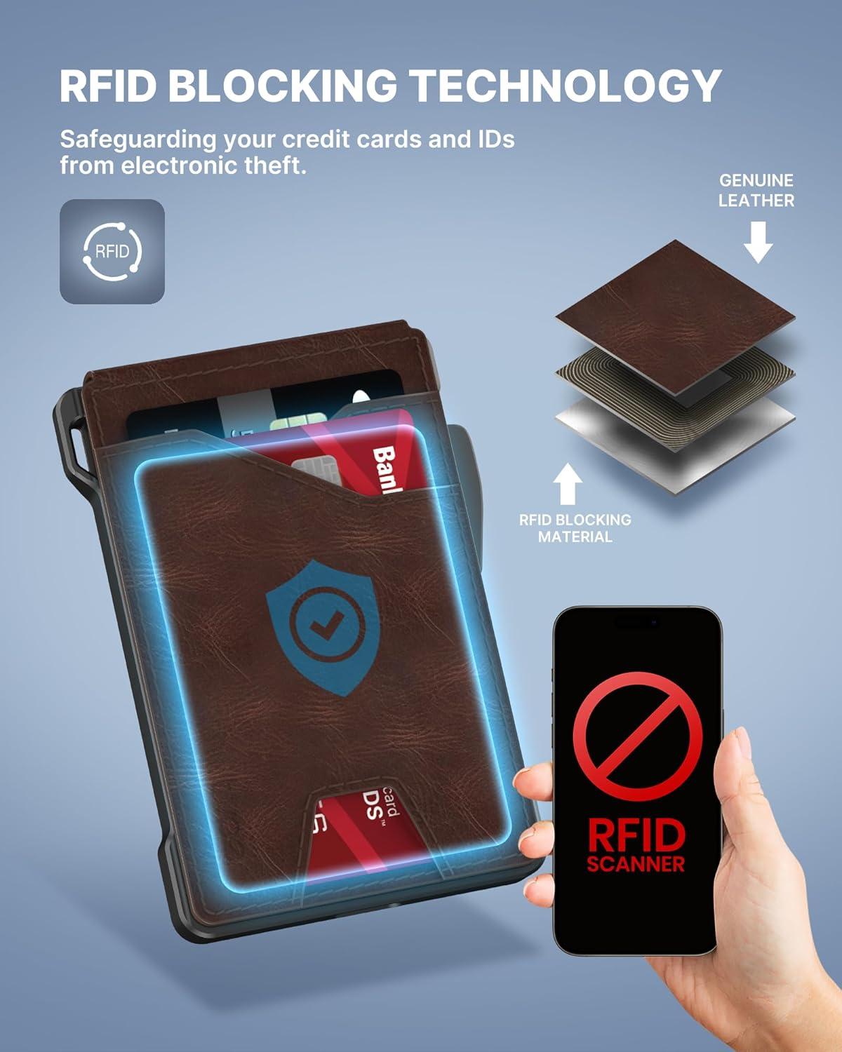 image:imagetypecase Tactical Wallet for Men Card Holder Pop Up Card Case Genuine Leather Smart RFID Blocking Slim Minimalist Thin Front Pocket  913 Card Capacitiy ID Window Money Clip BrownBrown