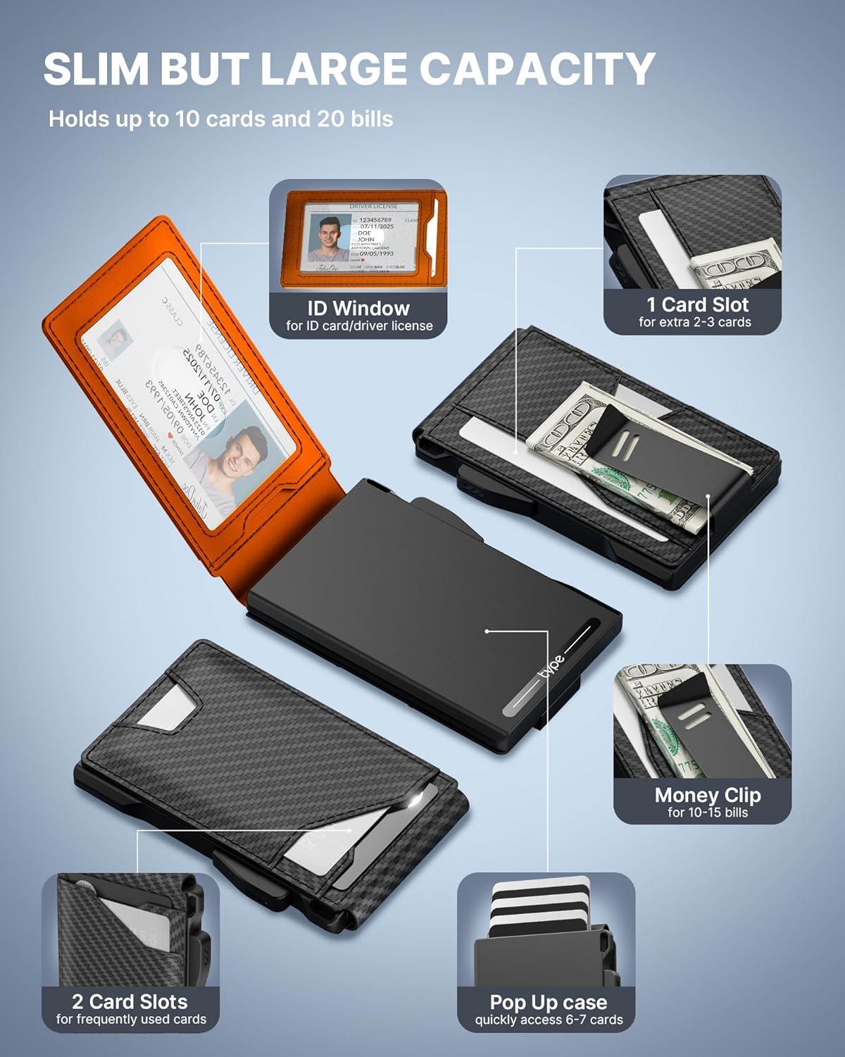 image:imagetypecase Tactical Wallet for Men Card Holder Pop Up Card Case Genuine Leather Smart RFID Blocking Slim Minimalist Thin Front Pocket  913 Card Capacitiy ID Window Money Clip BrownCarbon Fiber Orange