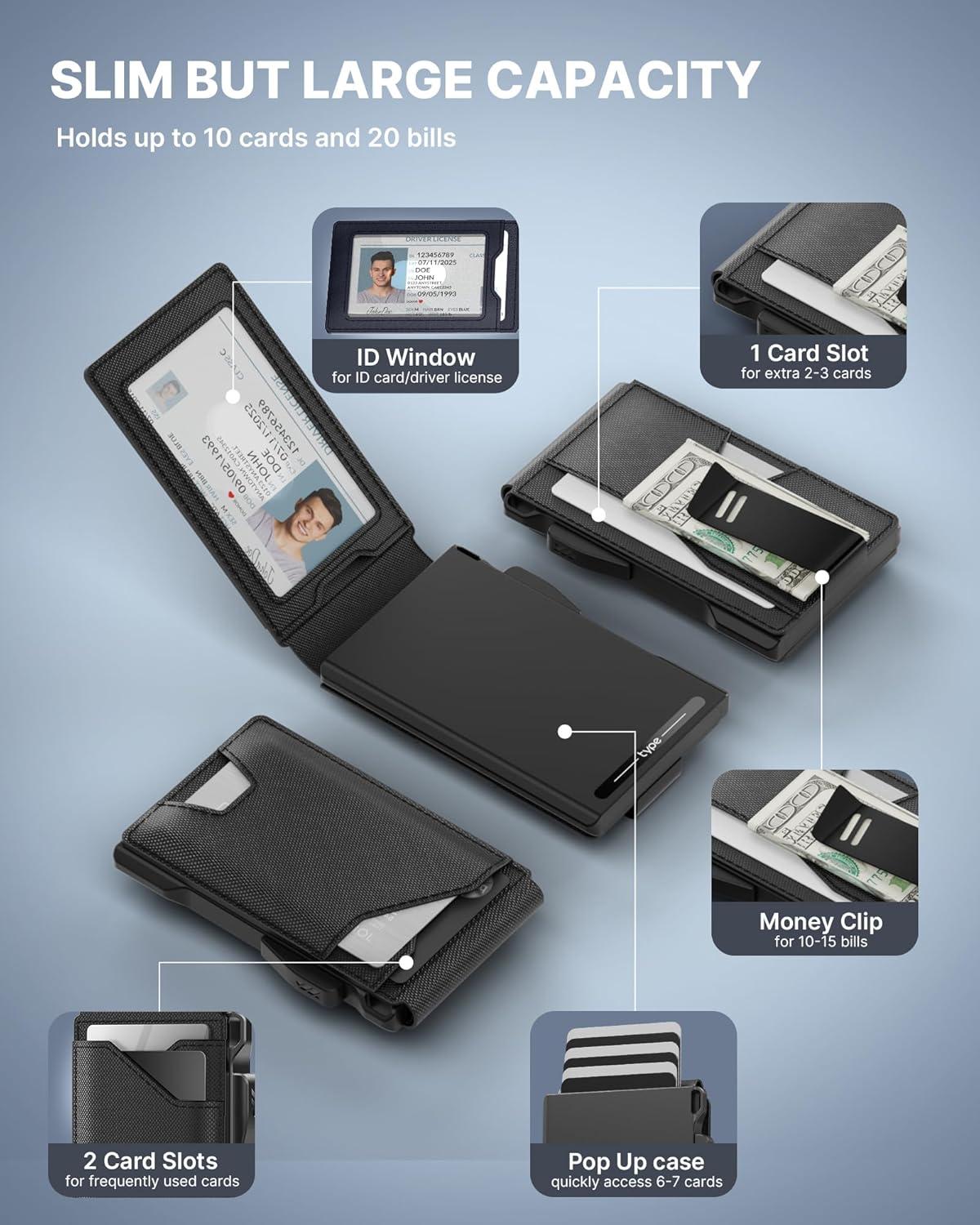 image:imagetypecase Tactical Wallet for Men Card Holder Pop Up Card Case Genuine Leather Smart RFID Blocking Slim Minimalist Thin Front Pocket  913 Card Capacitiy ID Window Money Clip BrownDark Black