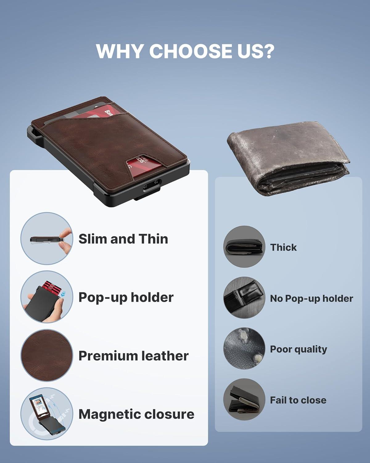 image:imagetypecase Tactical Wallet for Men Card Holder Pop Up Card Case Genuine Leather Smart RFID Blocking Slim Minimalist Thin Front Pocket  913 Card Capacitiy ID Window Money Clip BrownBrown