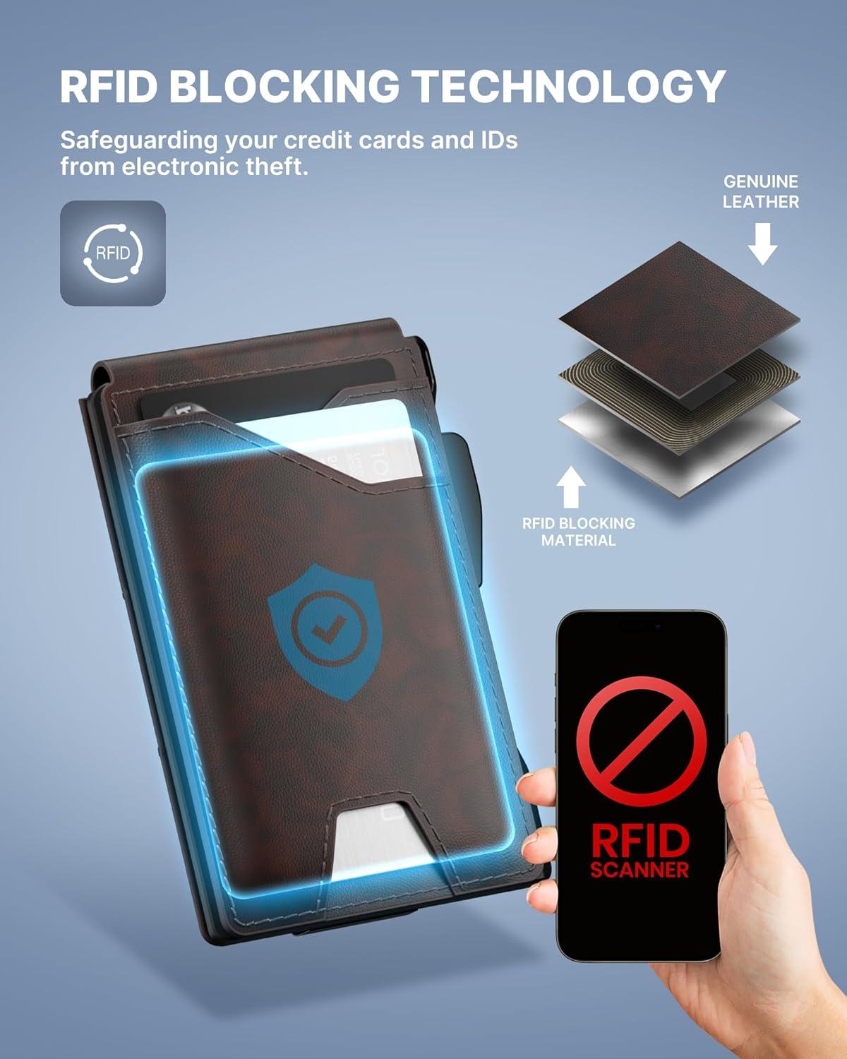 image:imagetypecase Tactical Wallet for Men Card Holder Pop Up Card Case Genuine Leather Smart RFID Blocking Slim Minimalist Thin Front Pocket  913 Card Capacitiy ID Window Money Clip BrownDeep Brown