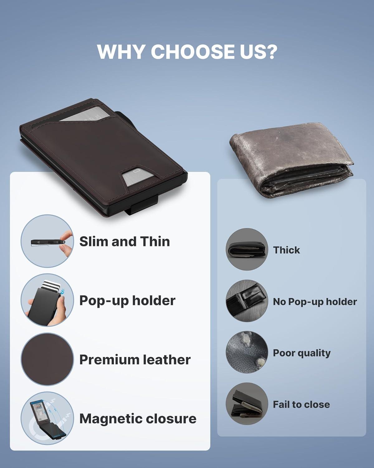 image:imagetypecase Tactical Wallet for Men Card Holder Pop Up Card Case Genuine Leather Smart RFID Blocking Slim Minimalist Thin Front Pocket  913 Card Capacitiy ID Window Money Clip BrownDark Brown