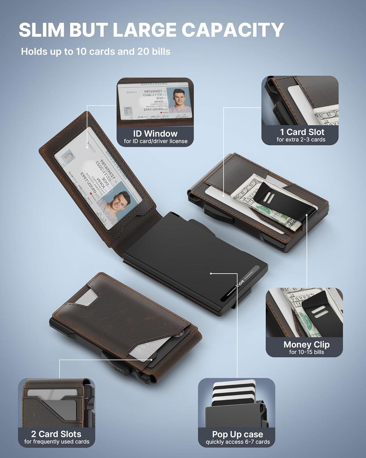 image:imagetypecase Tactical Wallet for Men Card Holder Pop Up Card Case Genuine Leather Smart RFID Blocking Slim Minimalist Thin Front Pocket  913 Card Capacitiy ID Window Money Clip BrownBurnished Black