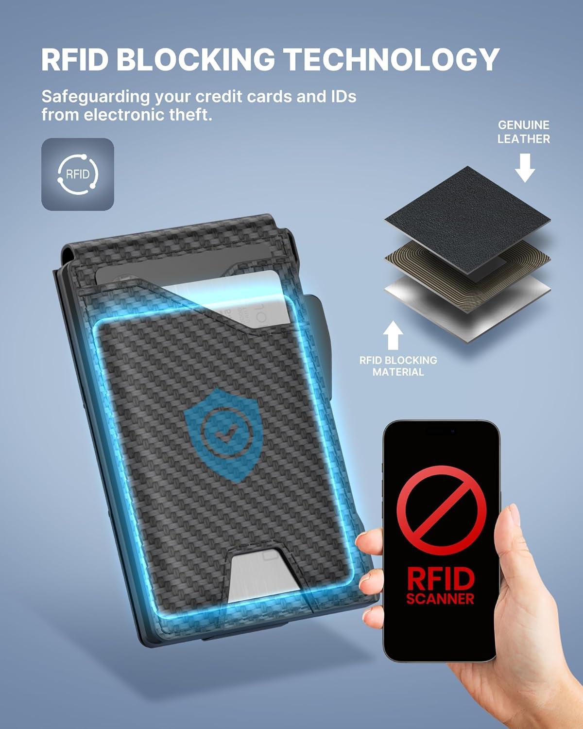 image:imagetypecase Tactical Wallet for Men Card Holder Pop Up Card Case Genuine Leather Smart RFID Blocking Slim Minimalist Thin Front Pocket  913 Card Capacitiy ID Window Money Clip BrownCarbon Fiber Orange