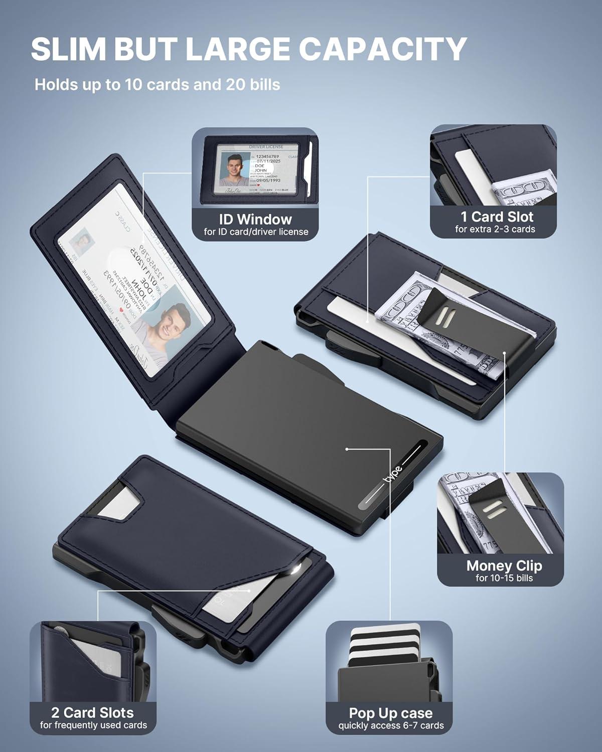 image:imagetypecase Tactical Wallet for Men Card Holder Pop Up Card Case Genuine Leather Smart RFID Blocking Slim Minimalist Thin Front Pocket  913 Card Capacitiy ID Window Money Clip BrownNavy