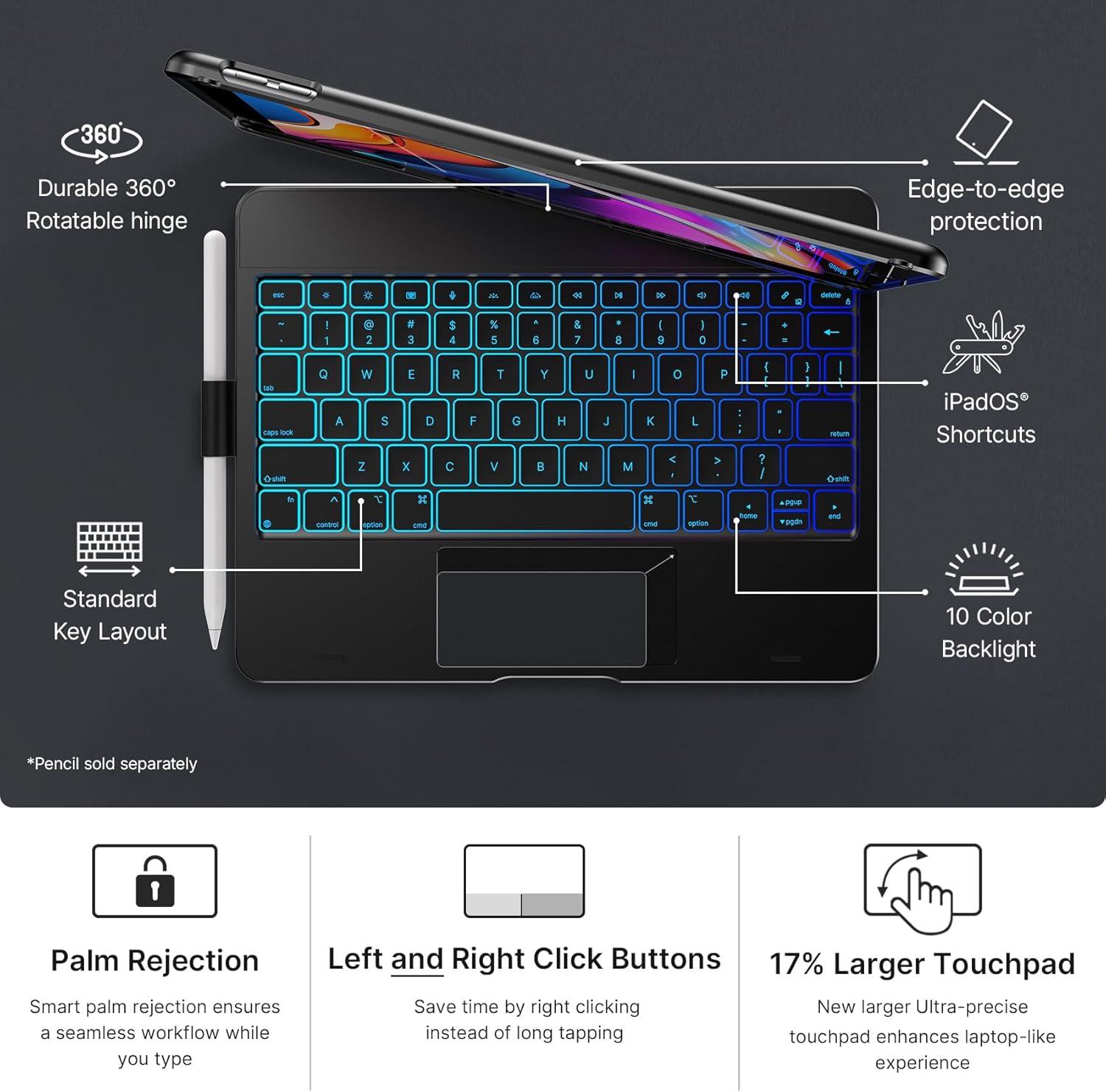 image:imagetypecase Touch Case with Keyboard for iPad 9th Generation 102 2021 MultiTouch Trackpad 10 Color Backlight 360 Thin amp Light  iPad 8th Gen 2020 7th Gen 2019 Air 3 Pro 105 SilverBlack