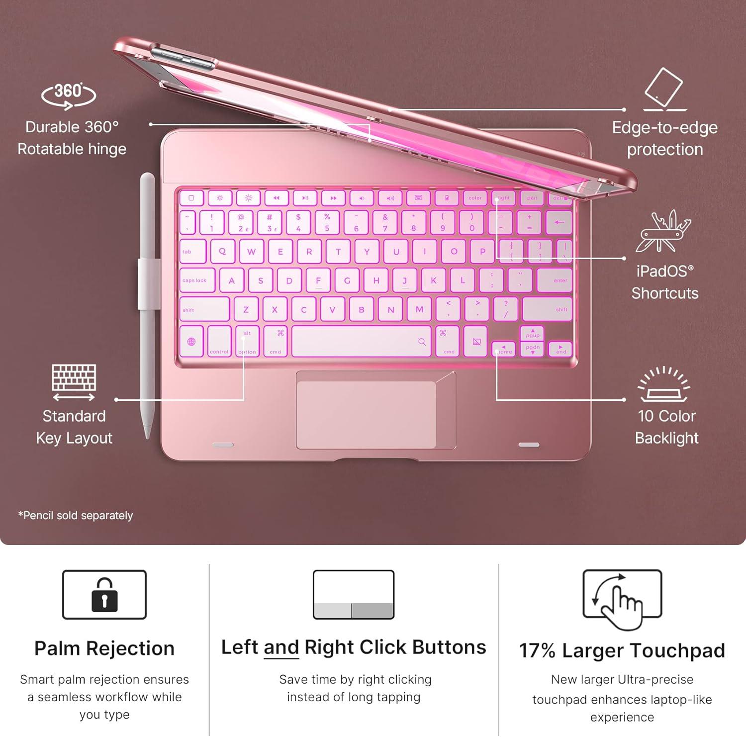 image:imagetypecase Touch Case with Keyboard for iPad 9th Generation 102 2021 MultiTouch Trackpad 10 Color Backlight 360 Thin amp Light  iPad 8th Gen 2020 7th Gen 2019 Air 3 Pro 105 SilverRose Gold