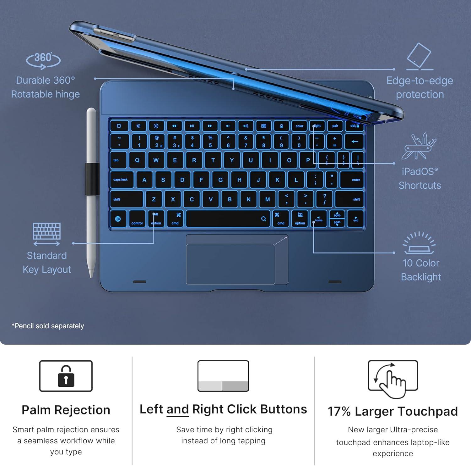 image:imagetypecase Touch Case with Keyboard for iPad 9th Generation 102 2021 MultiTouch Trackpad 10 Color Backlight 360 Thin amp Light  iPad 8th Gen 2020 7th Gen 2019 Air 3 Pro 105 SilverMidnight Blue
