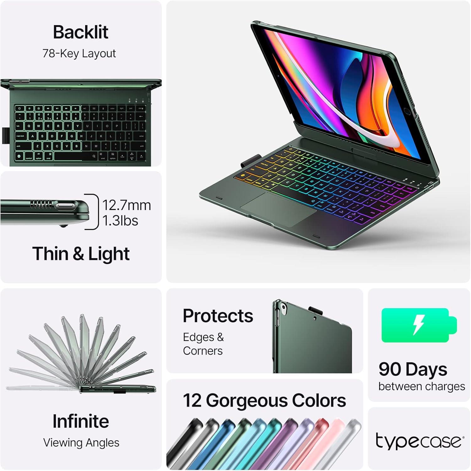 image:imagetypecase Touch Case with Keyboard for iPad 9th Generation 102 2021 MultiTouch Trackpad 10 Color Backlight 360 Thin amp Light  iPad 8th Gen 2020 7th Gen 2019 Air 3 Pro 105 SilverMidnight Green