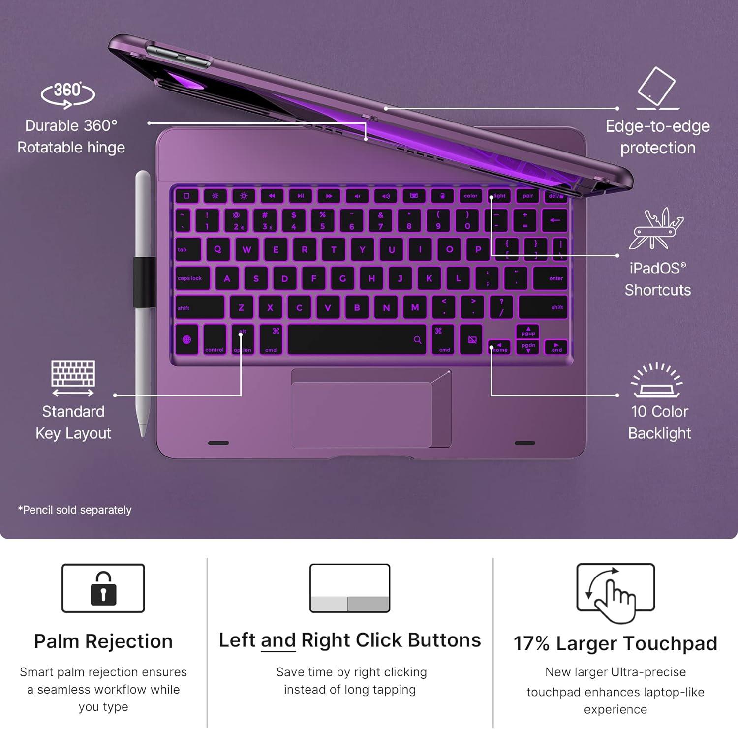image:imagetypecase Touch Case with Keyboard for iPad 9th Generation 102 2021 MultiTouch Trackpad 10 Color Backlight 360 Thin amp Light  iPad 8th Gen 2020 7th Gen 2019 Air 3 Pro 105 SilverViolet