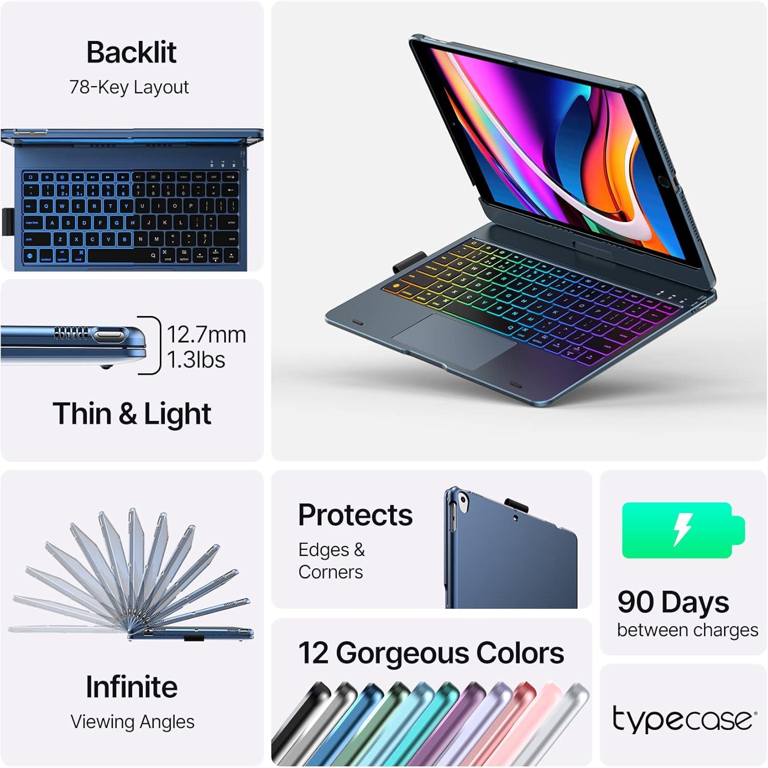 image:imagetypecase Touch Case with Keyboard for iPad 9th Generation 102 2021 MultiTouch Trackpad 10 Color Backlight 360 Thin amp Light  iPad 8th Gen 2020 7th Gen 2019 Air 3 Pro 105 SilverMidnight Blue