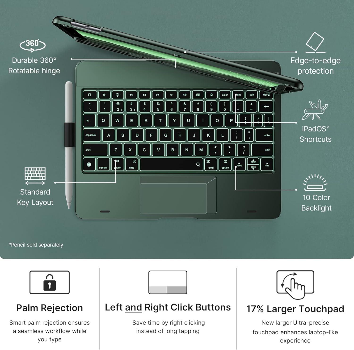image:imagetypecase Touch Case with Keyboard for iPad 9th Generation 102 2021 MultiTouch Trackpad 10 Color Backlight 360 Thin amp Light  iPad 8th Gen 2020 7th Gen 2019 Air 3 Pro 105 SilverMidnight Green