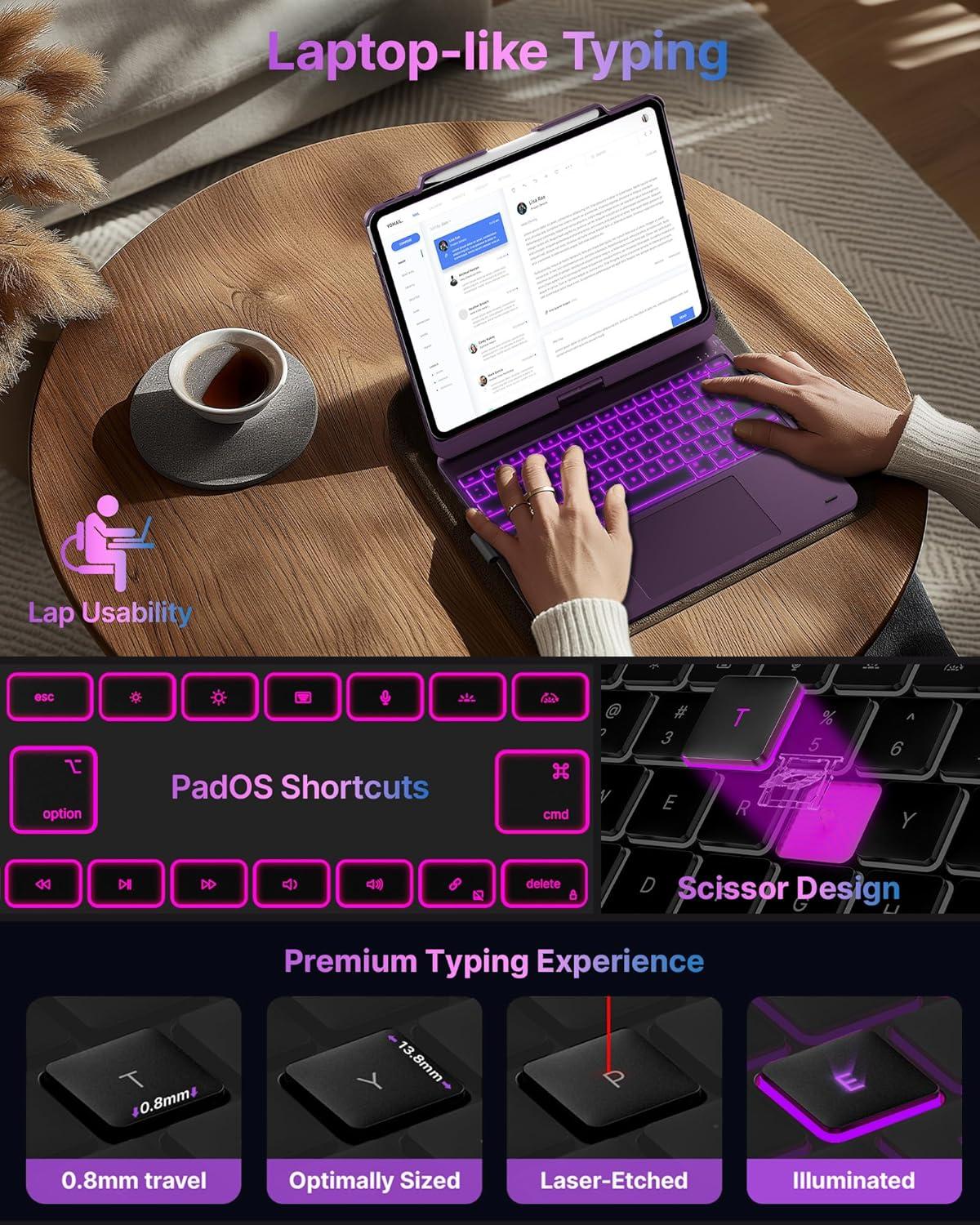 image:imagetypecase Touch Case with Keyboard for iPad Pro 13inchM5M4 20252024 iPad Air 13inchM3M2 20252024 amp iPad Pro 129inch Trackpad 360 Rotatable 11Colors Backlit Soft PurpleSoft Purple