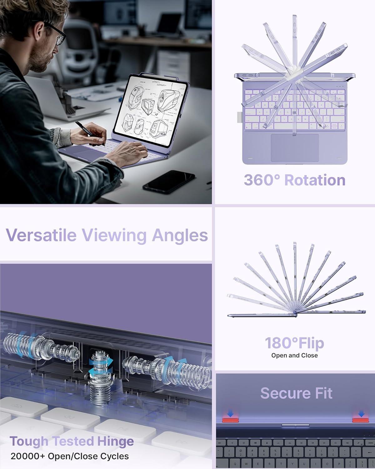 image:imagetypecase Touch Case with Keyboard for iPad Pro 13inchM5M4 20252024 iPad Air 13inchM3M2 20252024 amp iPad Pro 129inch Trackpad 360 Rotatable 11Colors Backlit Space BlackPale Purple