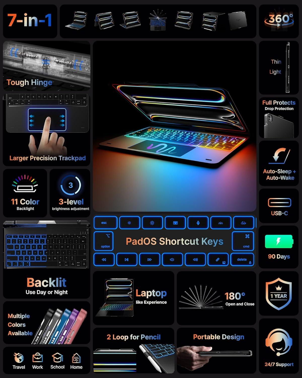 image:imagetypecase Touch Case with Keyboard for iPad Pro 13inchM5M4 20252024 iPad Air 13inchM3M2 20252024 amp iPad Pro 129inch Trackpad 360 Rotatable 11Colors Backlit Soft PurpleSpace Black