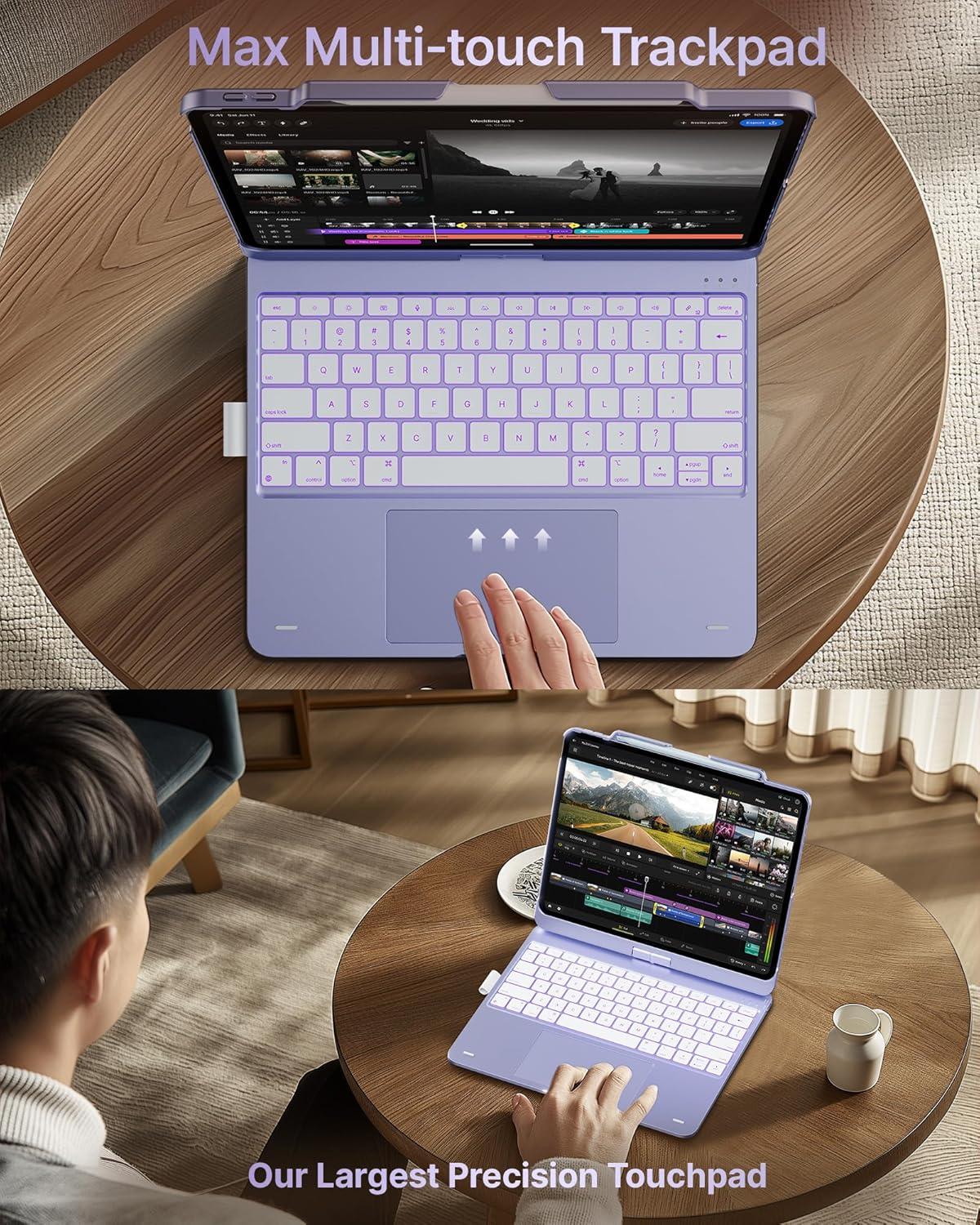 image:imagetypecase Touch Case with Keyboard for iPad Pro 13inchM5M4 20252024 iPad Air 13inchM3M2 20252024 amp iPad Pro 129inch Trackpad 360 Rotatable 11Colors Backlit Soft PurplePale Purple