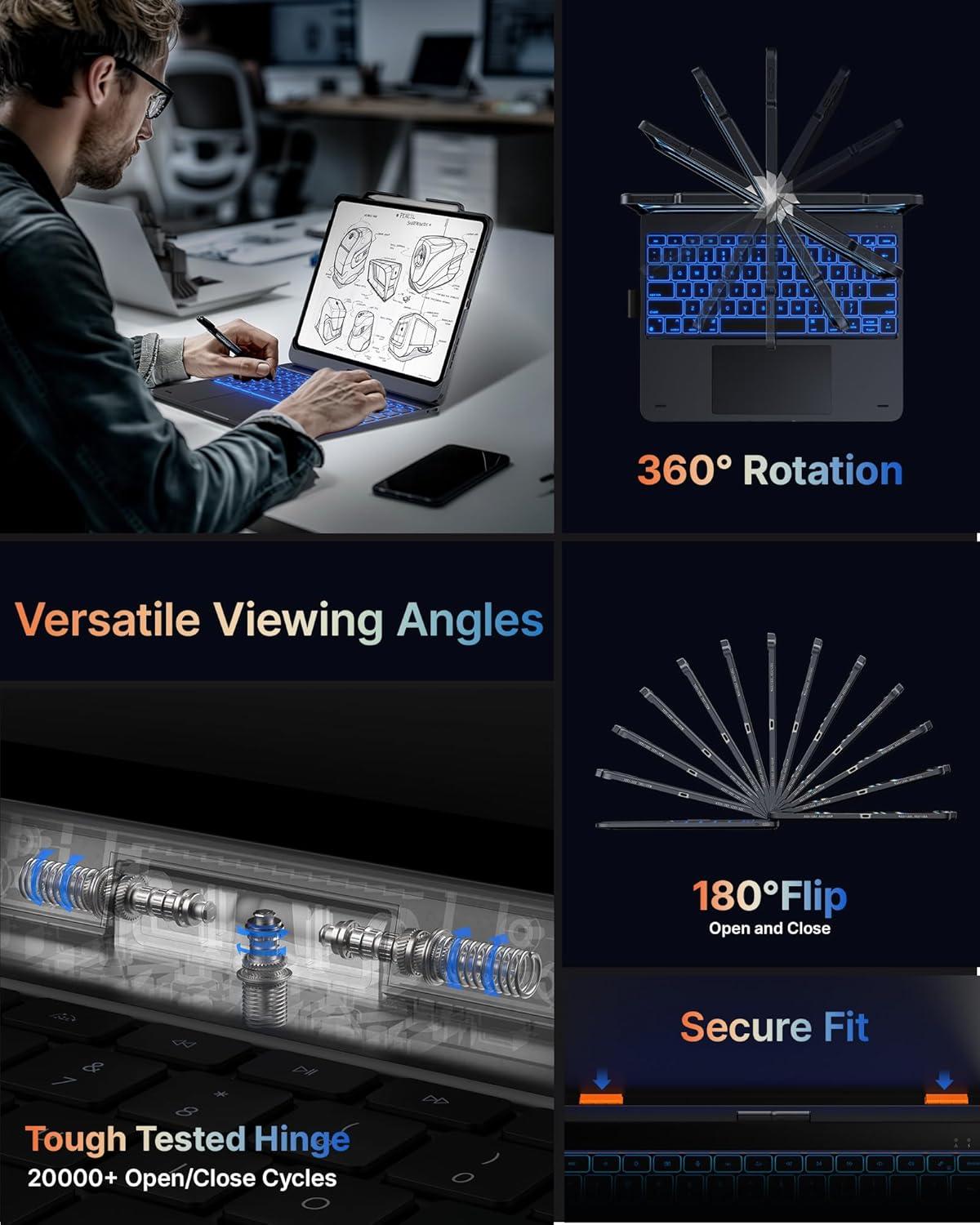 image:imagetypecase Touch Case with Keyboard for iPad Pro 13inchM5M4 20252024 iPad Air 13inchM3M2 20252024 amp iPad Pro 129inch Trackpad 360 Rotatable 11Colors Backlit Space BlackMidnight Gray