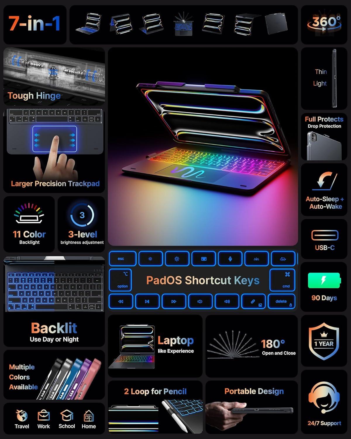 image:imagetypecase Touch Case with Keyboard for iPad Pro 13inchM5M4 20252024 iPad Air 13inchM3M2 20252024 amp iPad Pro 129inch Trackpad 360 Rotatable 11Colors Backlit Space BlackMidnight Gray