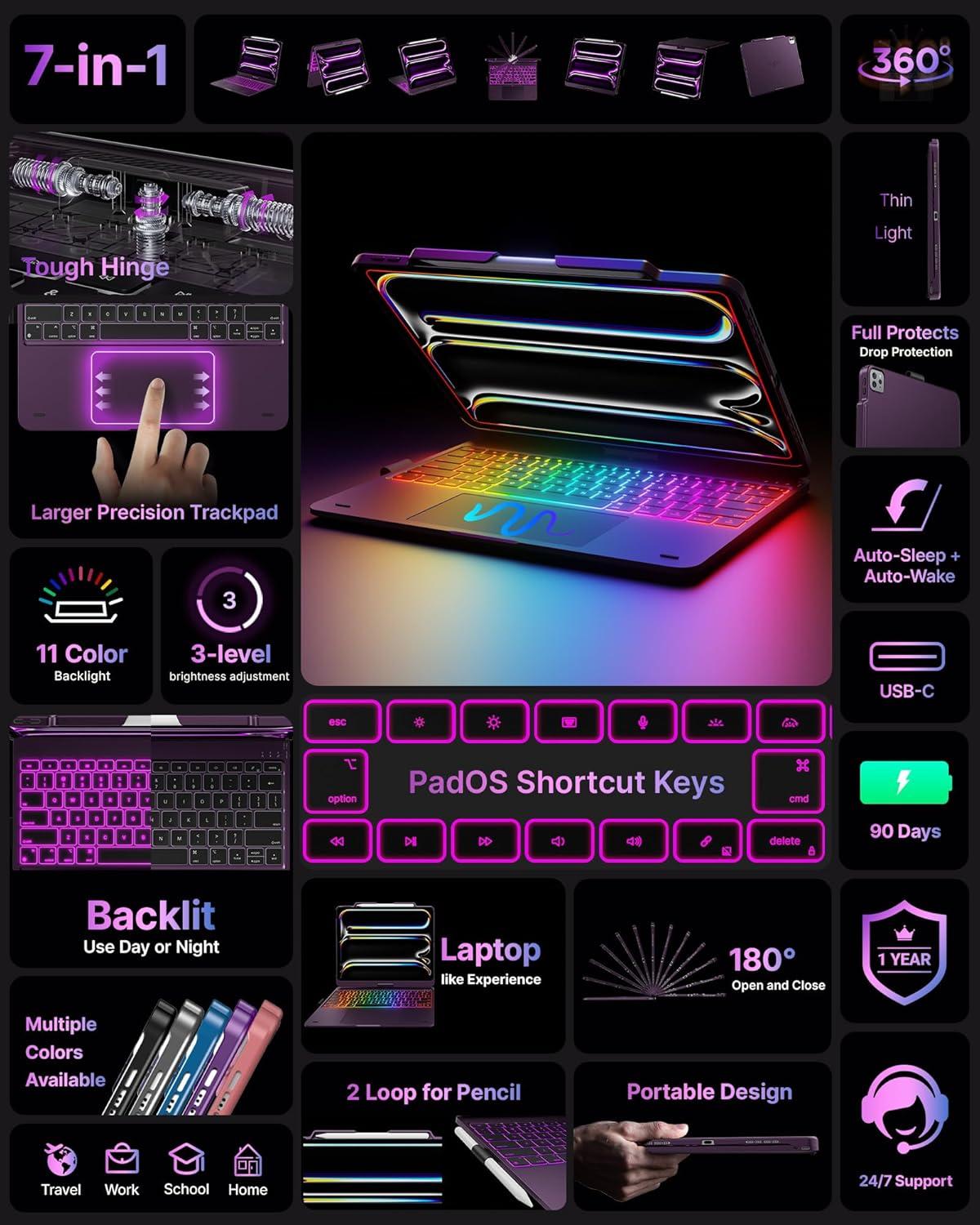 image:imagetypecase Touch Case with Keyboard for iPad Pro 13inchM5M4 20252024 iPad Air 13inchM3M2 20252024 amp iPad Pro 129inch Trackpad 360 Rotatable 11Colors Backlit Soft PurpleSoft Purple