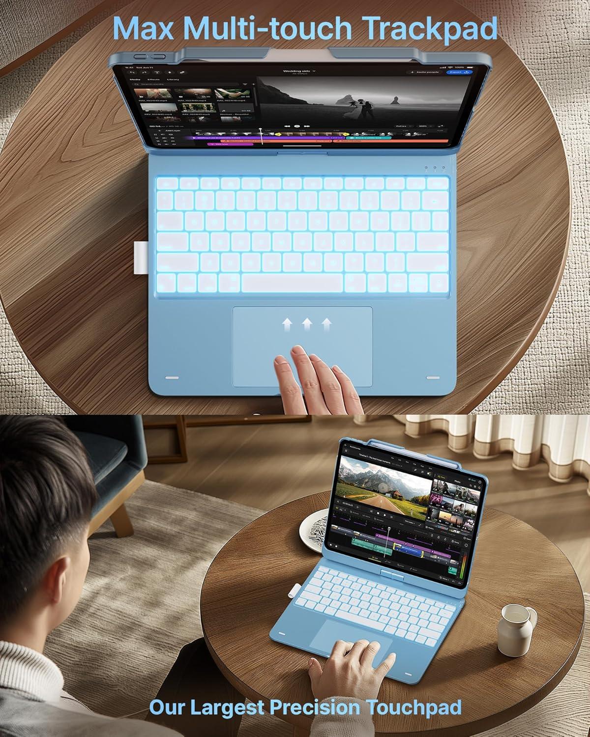 image:imagetypecase Touch Case with Keyboard for iPad Pro 13inchM5M4 20252024 iPad Air 13inchM3M2 20252024 amp iPad Pro 129inch Trackpad 360 Rotatable 11Colors Backlit Soft PurplePale Blue