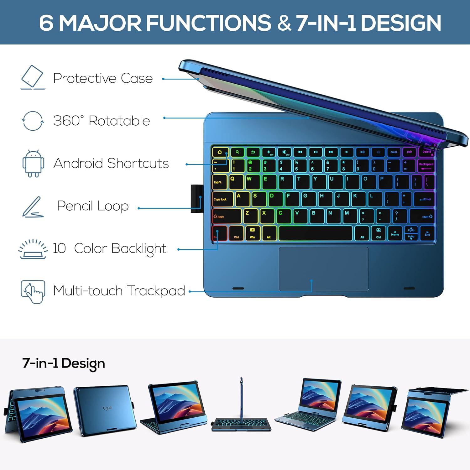 image:imagetypecase Touch Keyboard Case for HD 10 amp HD 10 Plus Tablet 2021 11th Generation  Touchpad  360 Rotatable  Wireless  10 Colors Backlight  Compatible with Prestige Elite 10QS  Denim