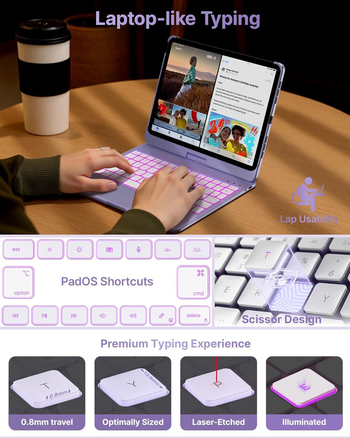 image:imagetypecase Touch Keyboard Case for iPad Air 11inchM3M2 20252024 amp iPad Pro 114th3rd2nd1st Gen MultiTouch Trackpad 11Color Backlight 360Rotatable for iPad Air 54th Gen BlackLight Purple