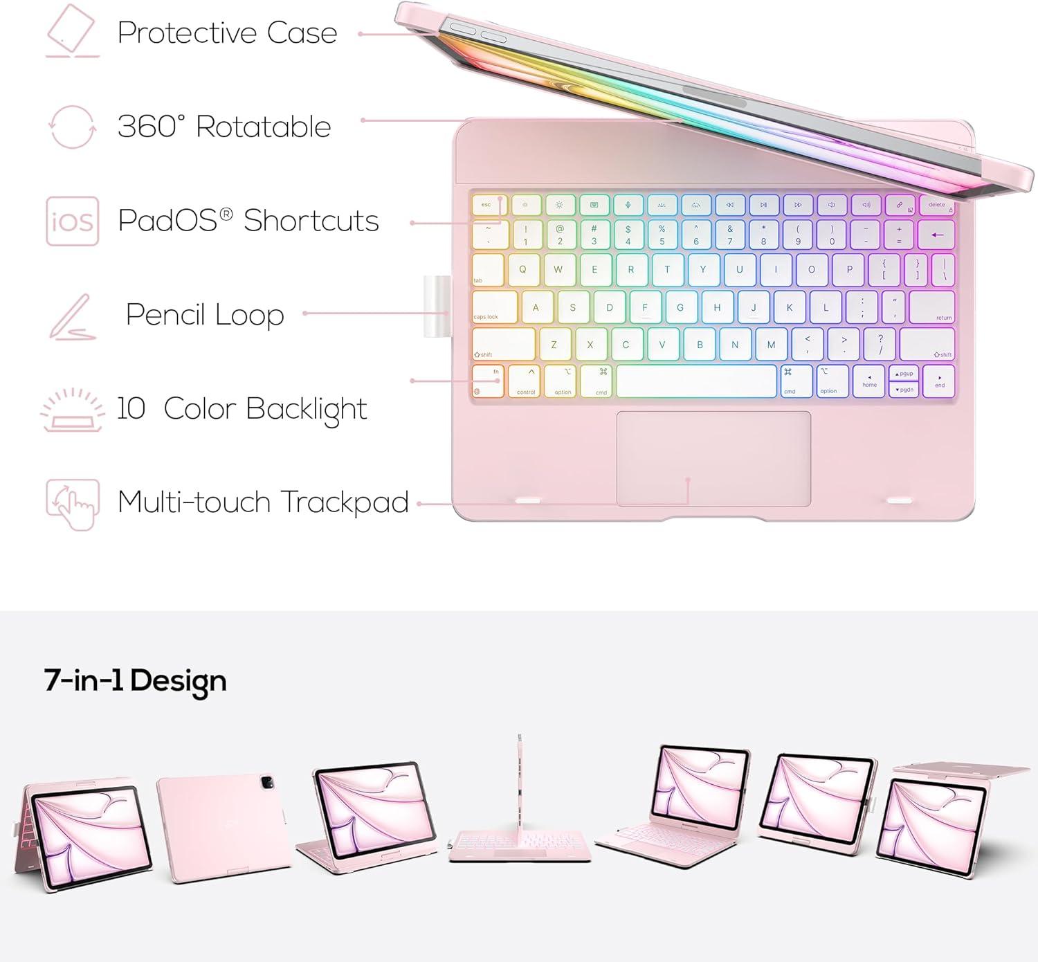 image:imagetypecase Touch Keyboard Case for iPad Air 11inchM3M2 20252024 amp iPad Pro 114th3rd2nd1st Gen MultiTouch Trackpad 11Color Backlight 360Rotatable for iPad Air 54th Gen BlackLight Pink